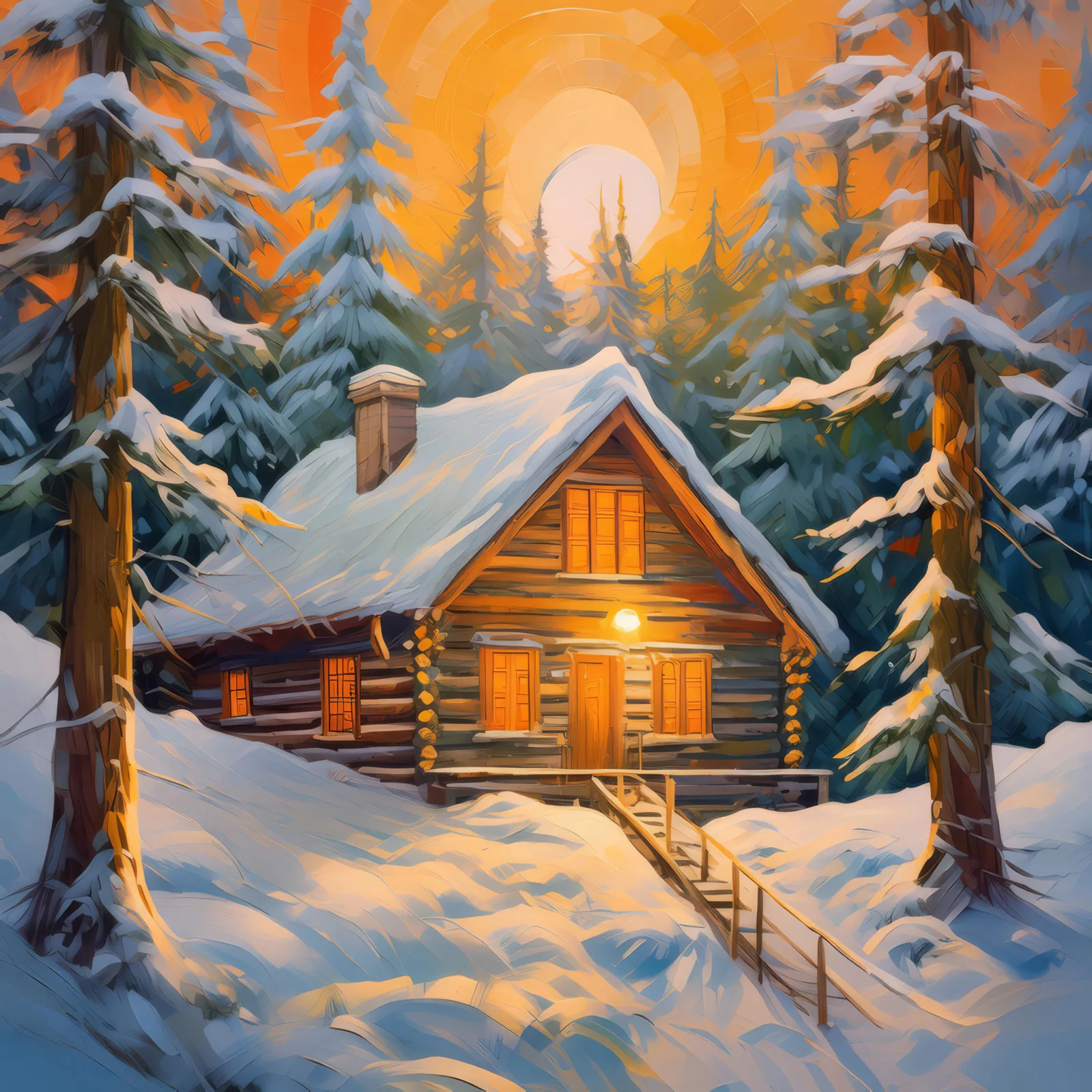 Boreal Forest Cabin in Winter, a palette-knife oil landscape by Emma Mickelberg