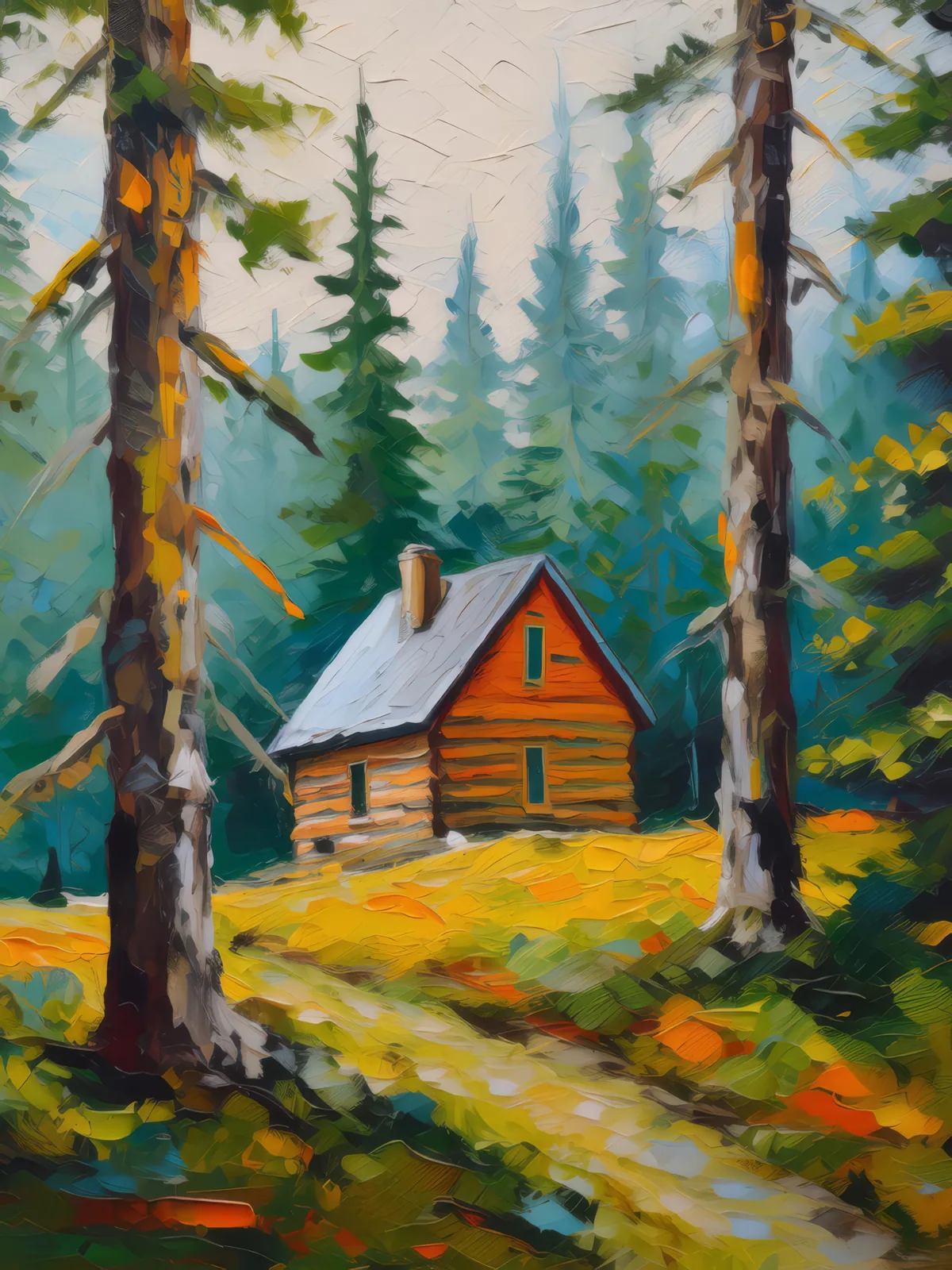 Boreal Forest Cabin, a palette-knife oil landscape by Emma Mickelberg