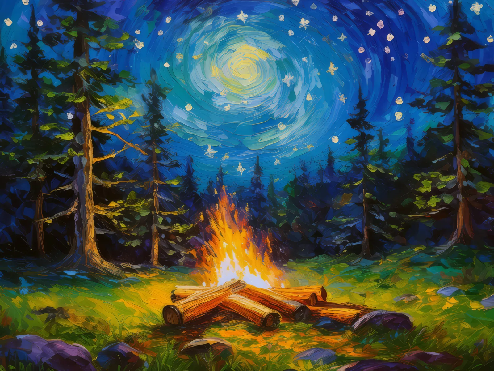 Boreal Forest Campfire, a palette-knife oil landscape by Emma Mickelberg