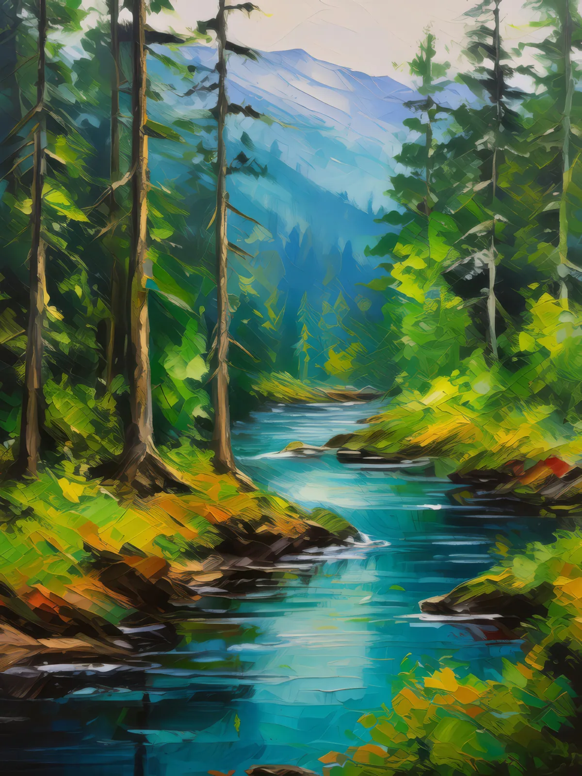 Boreal Forest Creek, a palette-knife oil landscape by Emma Mickelberg