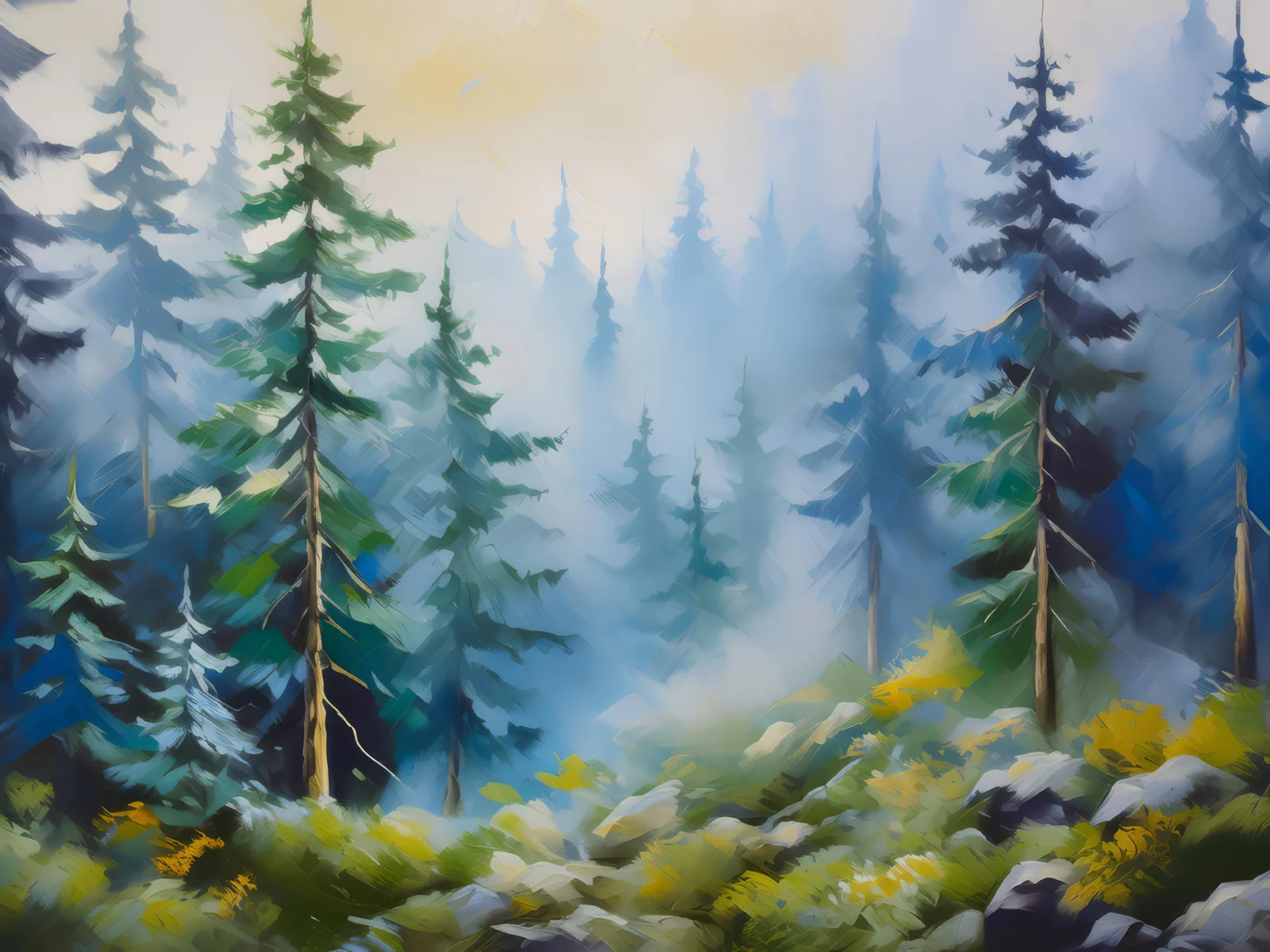 Boreal Forest Fog, a palette-knife oil landscape by Emma Mickelberg