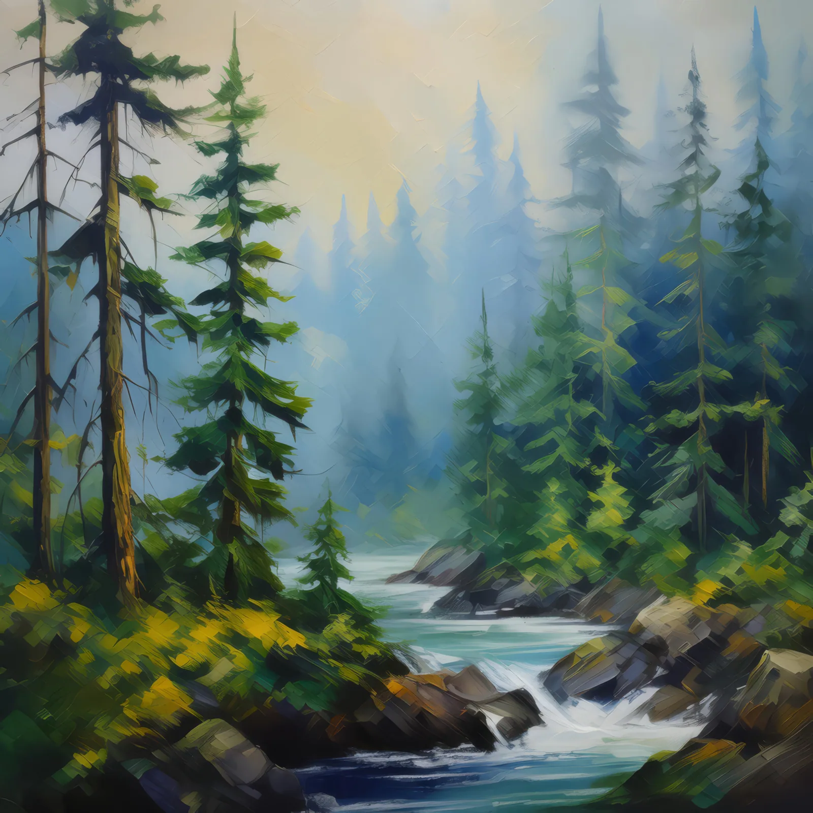 Boreal Forest in Fog, a palette-knife oil landscape by Emma Mickelberg