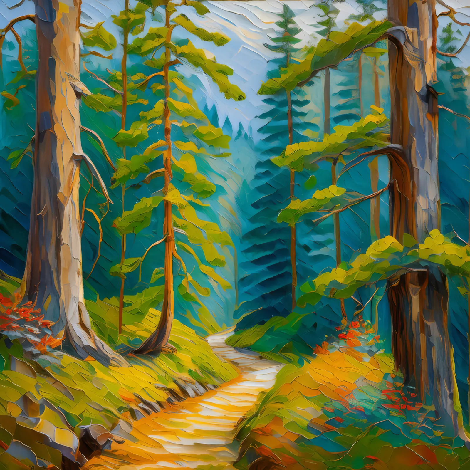 Boreal Forest Path, a palette-knife oil landscape by Emma Mickelberg