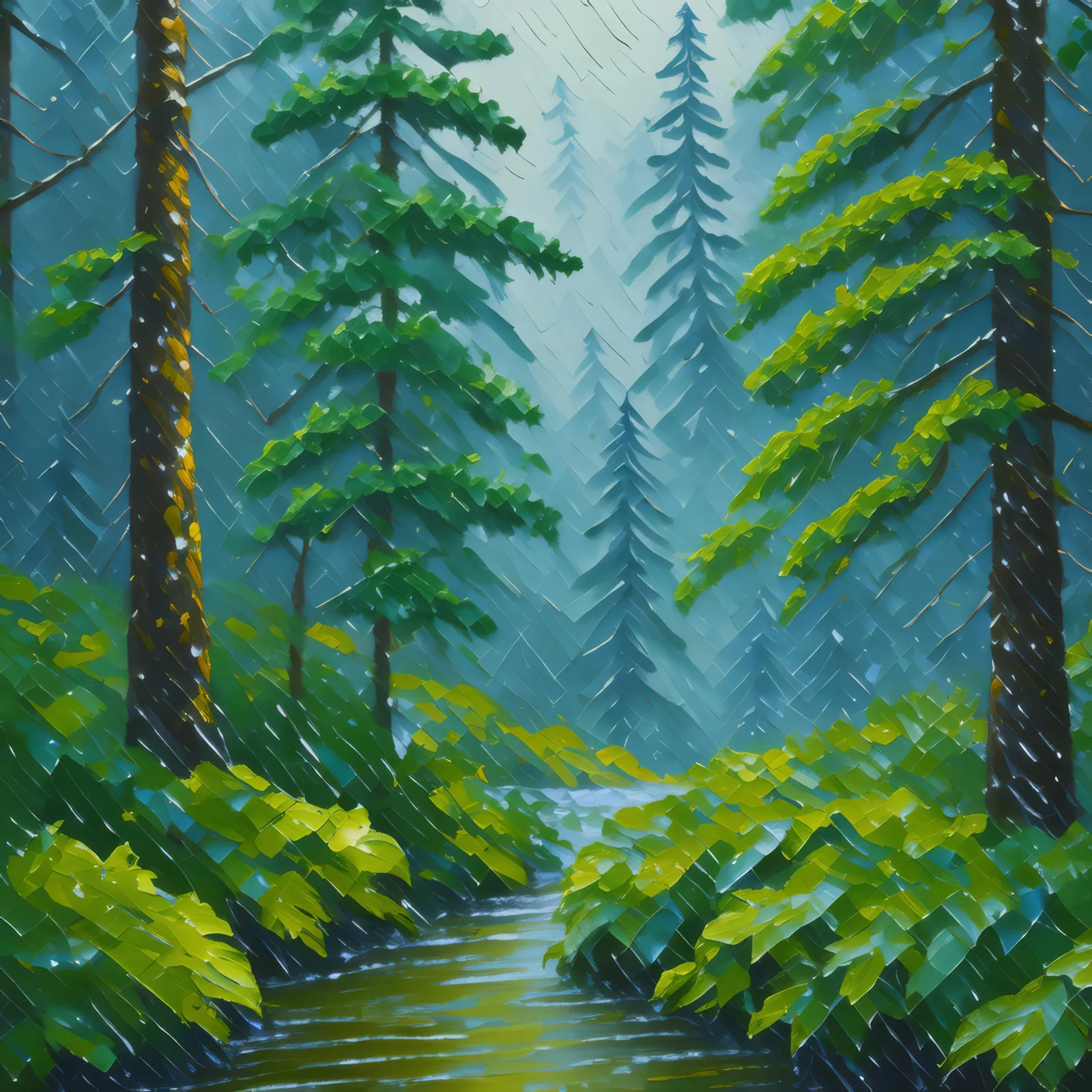 Boreal Forest Rainfall, a palette-knife oil landscape by Emma Mickelberg