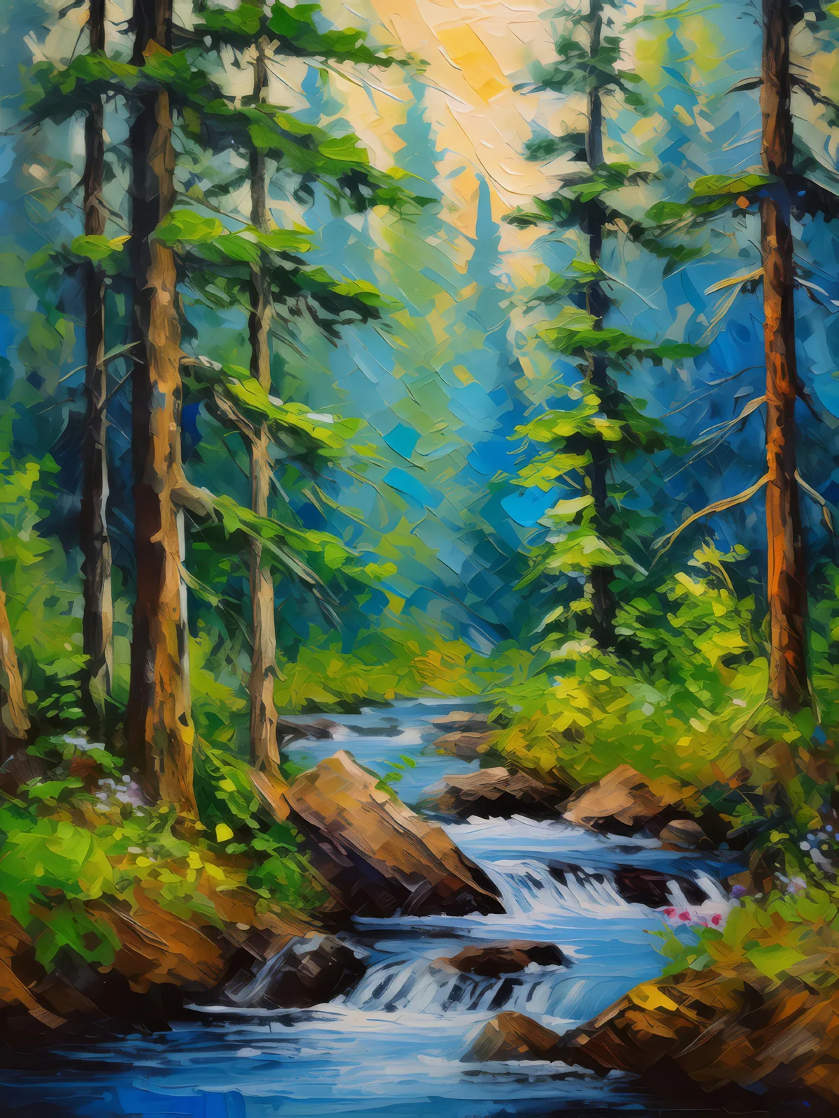 Boreal Forest Stream, a palette-knife oil landscape by Emma Mickelberg