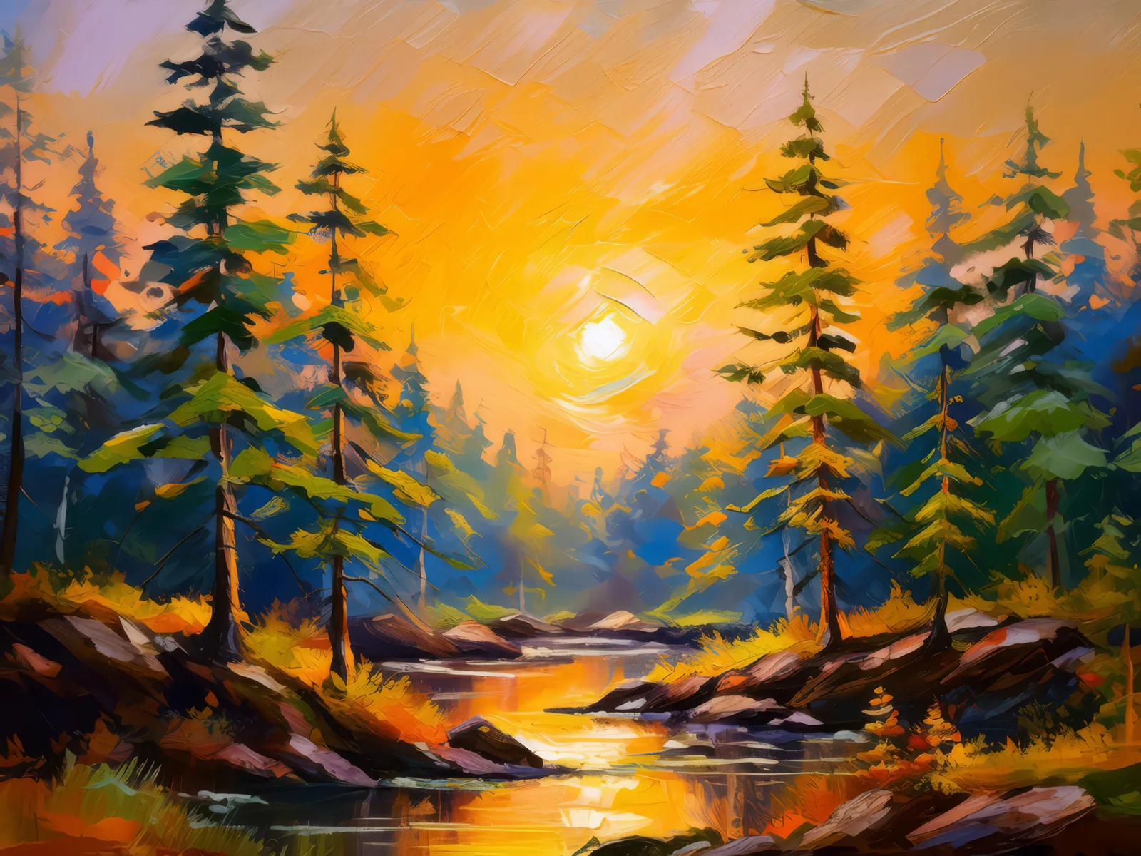 Boreal Forest Sunset, a palette-knife oil landscape by Emma Mickelberg