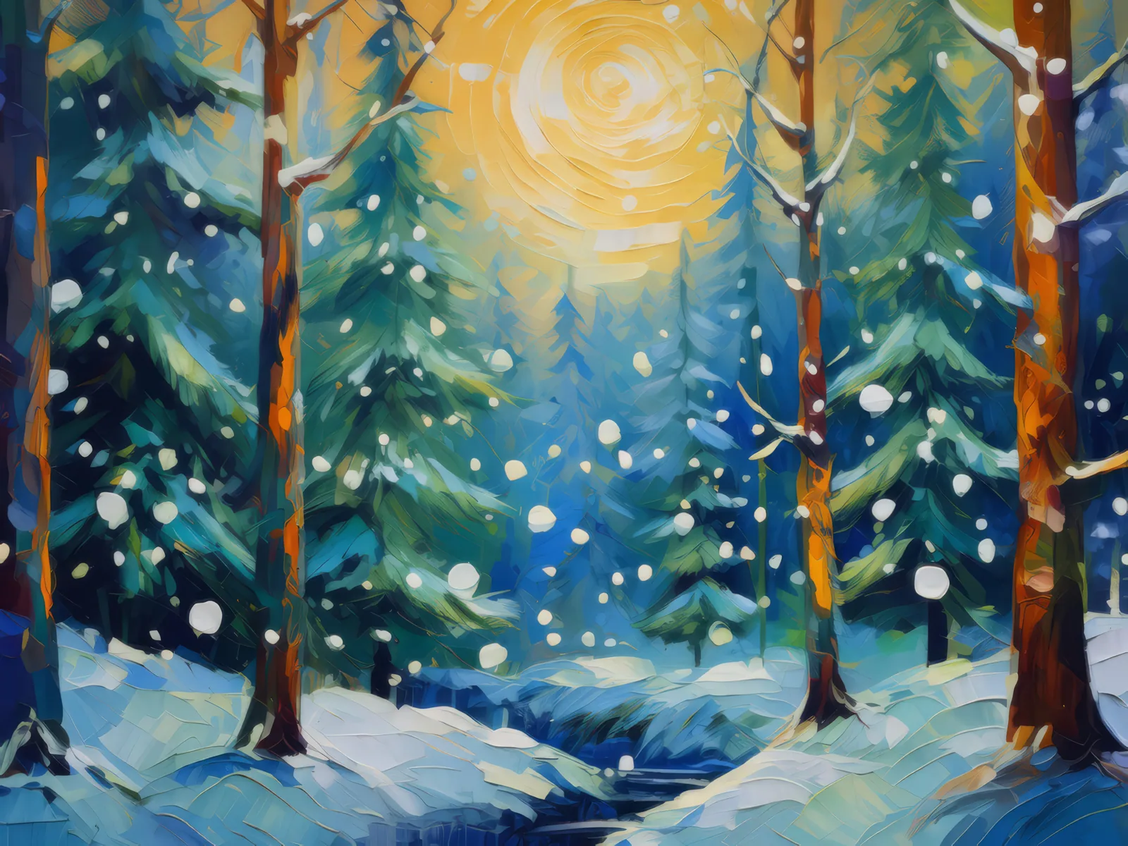 Boreal Forest Under Snowfall, a palette-knife oil landscape by Emma Mickelberg