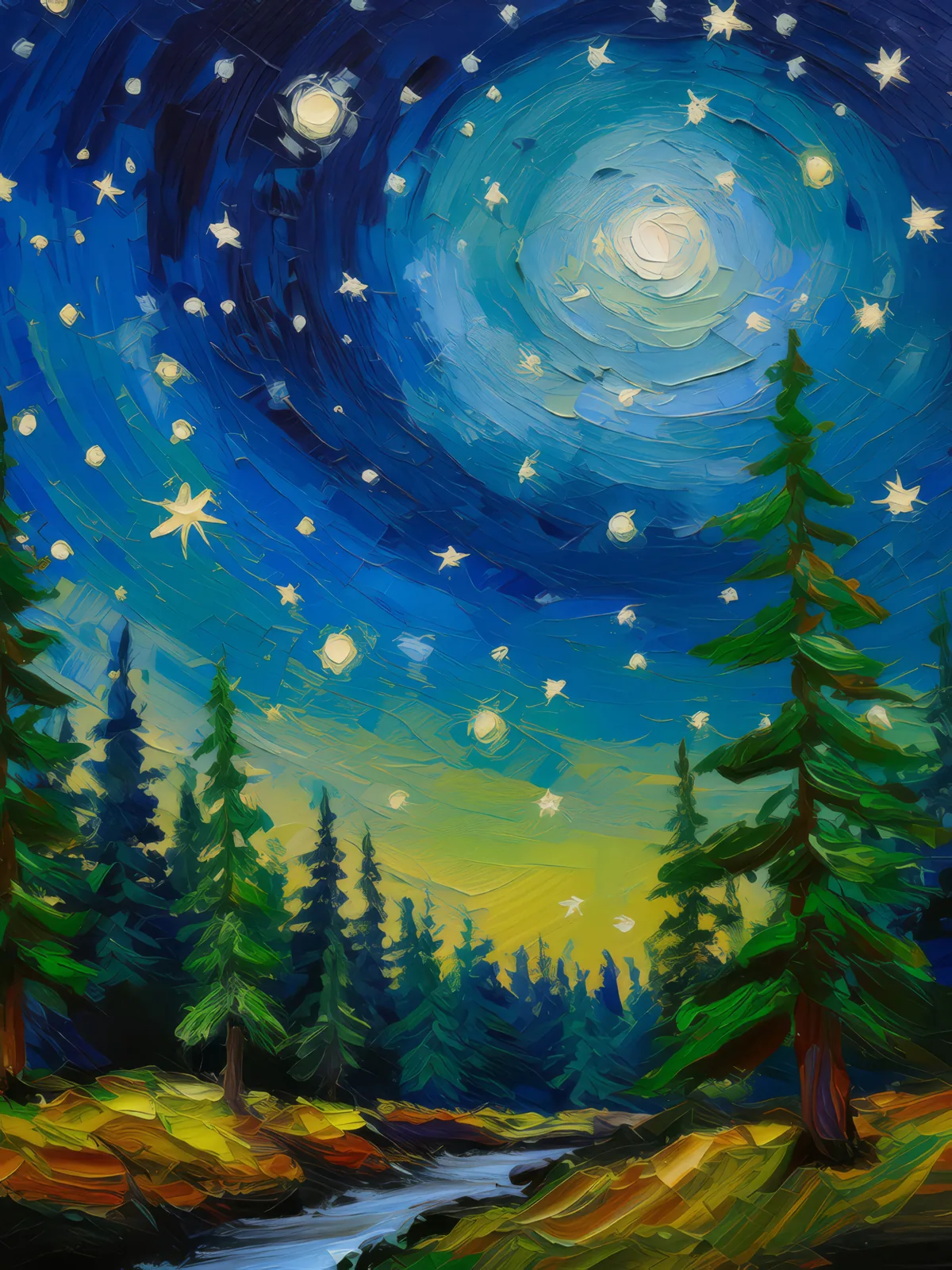 Boreal Forest Under Stars, a palette-knife oil landscape by Emma Mickelberg