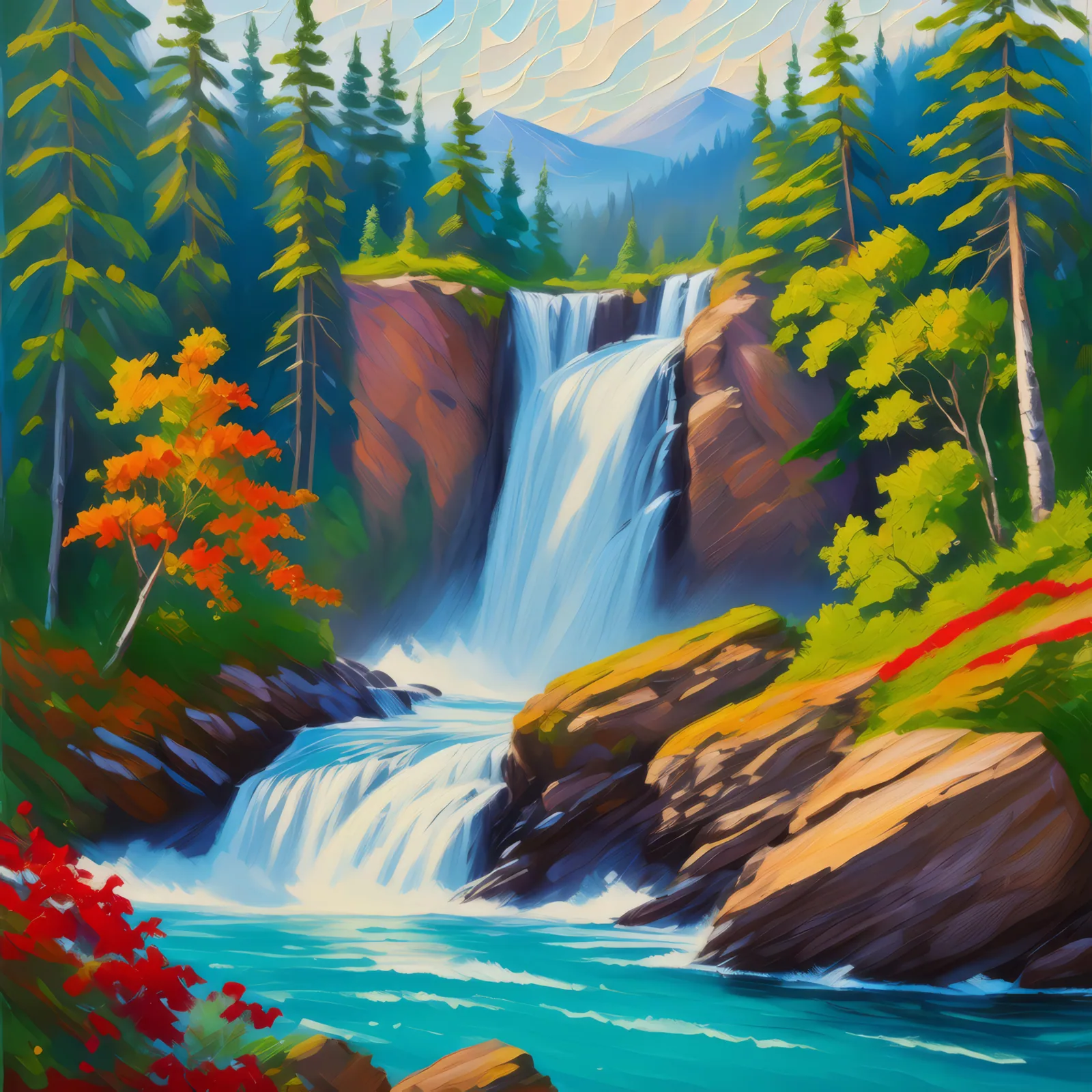 Boreal Forest Waterfall, a palette-knife oil landscape by Emma Mickelberg