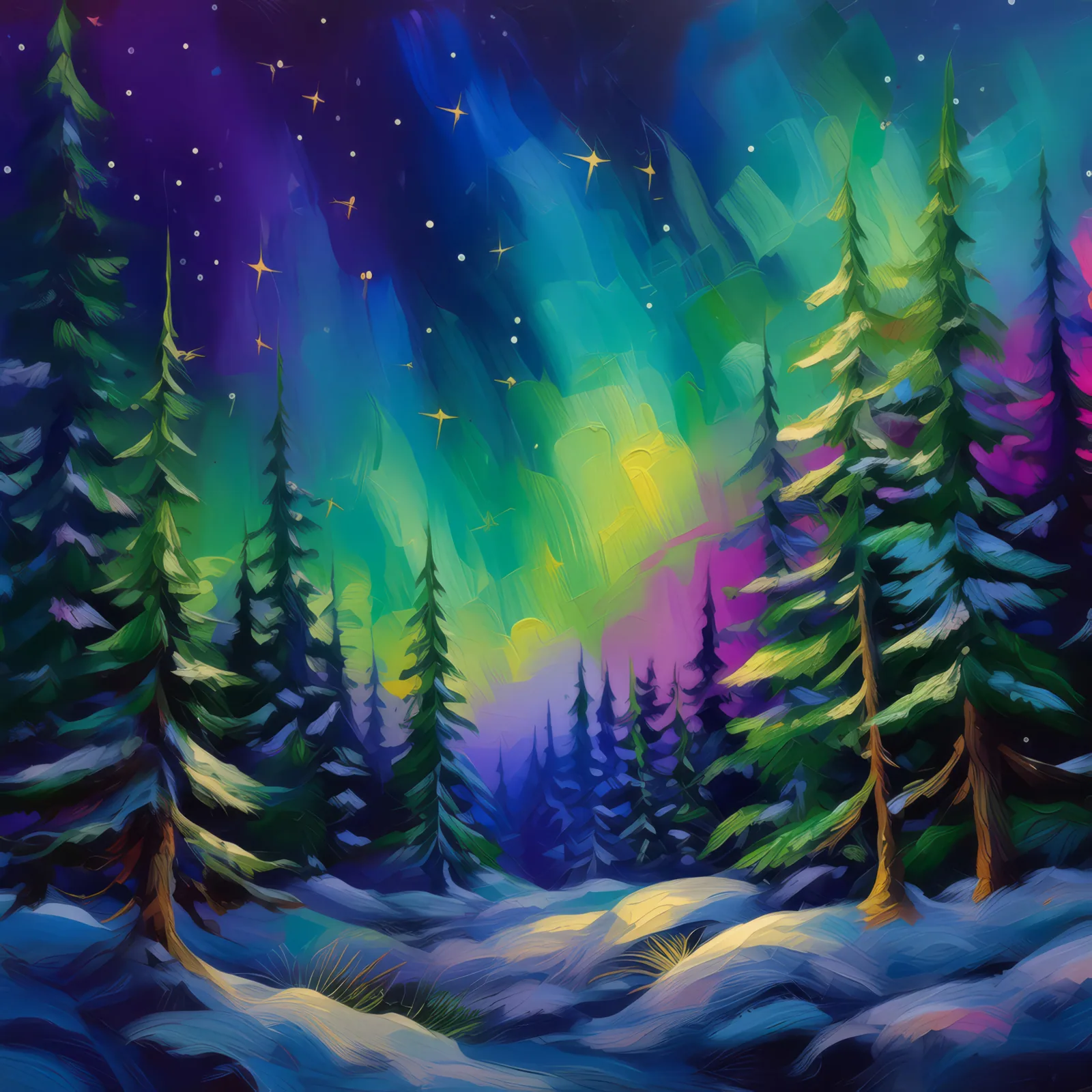 Boreal Forest with Aurora, a palette-knife oil landscape by Emma Mickelberg
