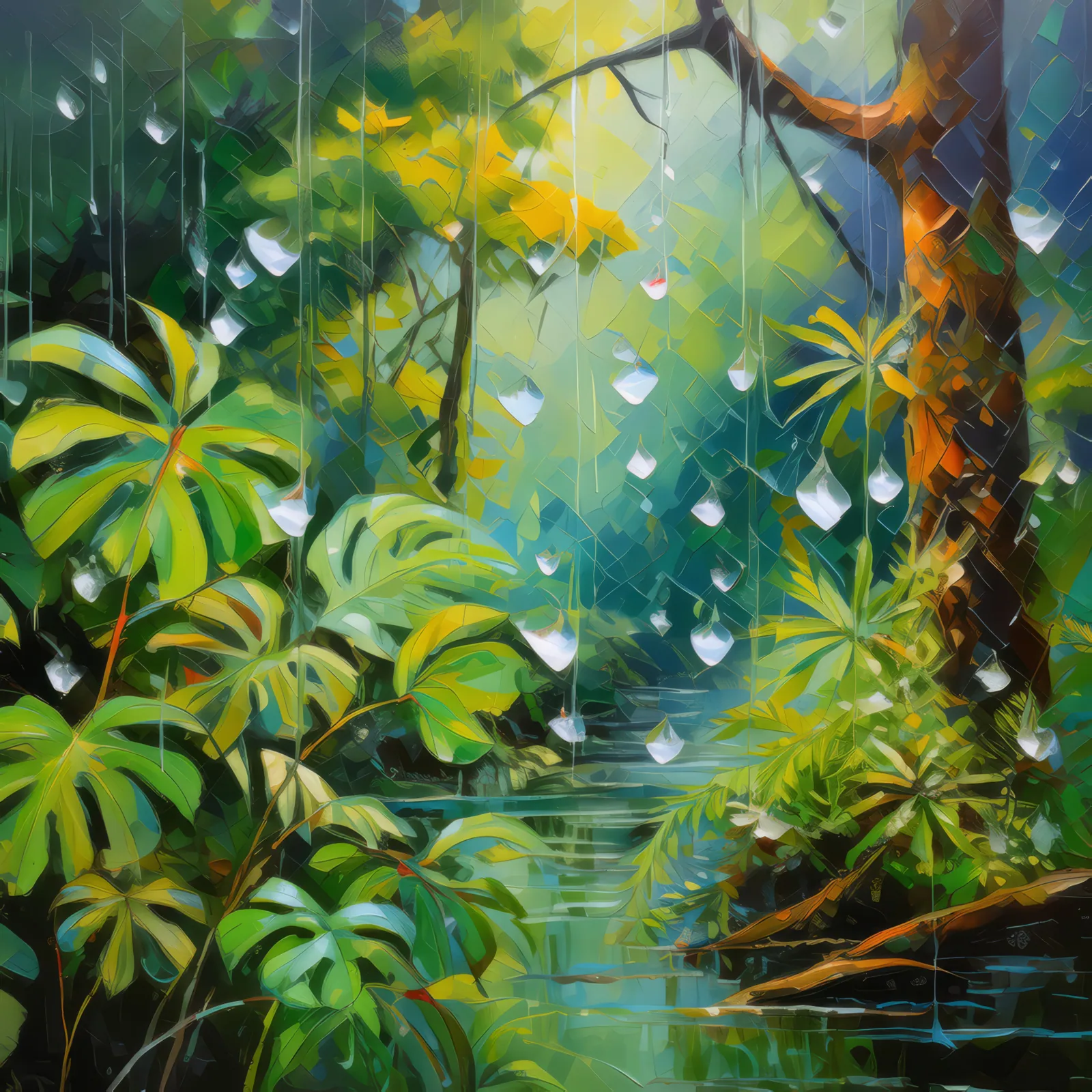 Boreal Jungle After Rain, a palette-knife oil landscape by Emma Mickelberg