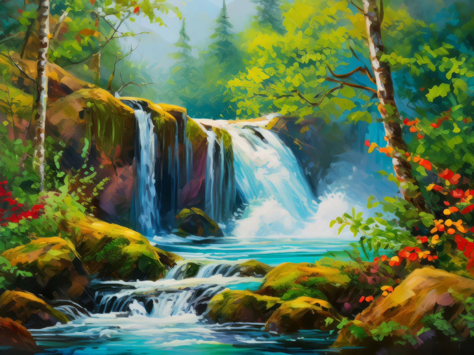 Boreal Jungle Waterfalls, a palette-knife oil landscape by Emma Mickelberg