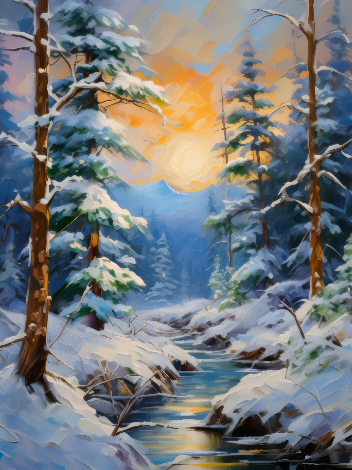 Boreal Jungle's Winter Cloak, a palette-knife oil landscape by Emma Mickelberg