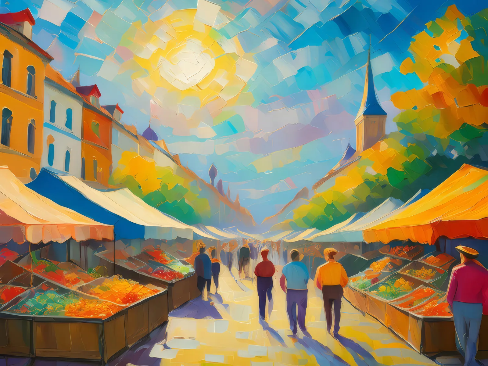 Bustling City Market, a palette-knife oil landscape by Emma Mickelberg