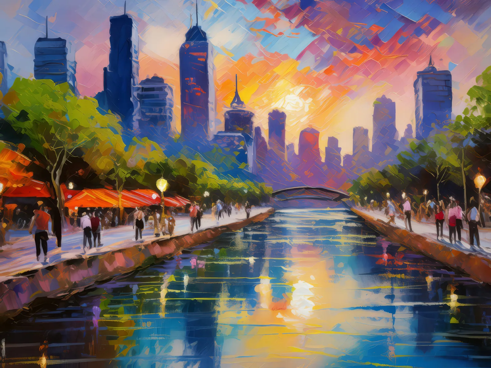 Busy City Riverfront, a palette-knife oil landscape by Emma Mickelberg