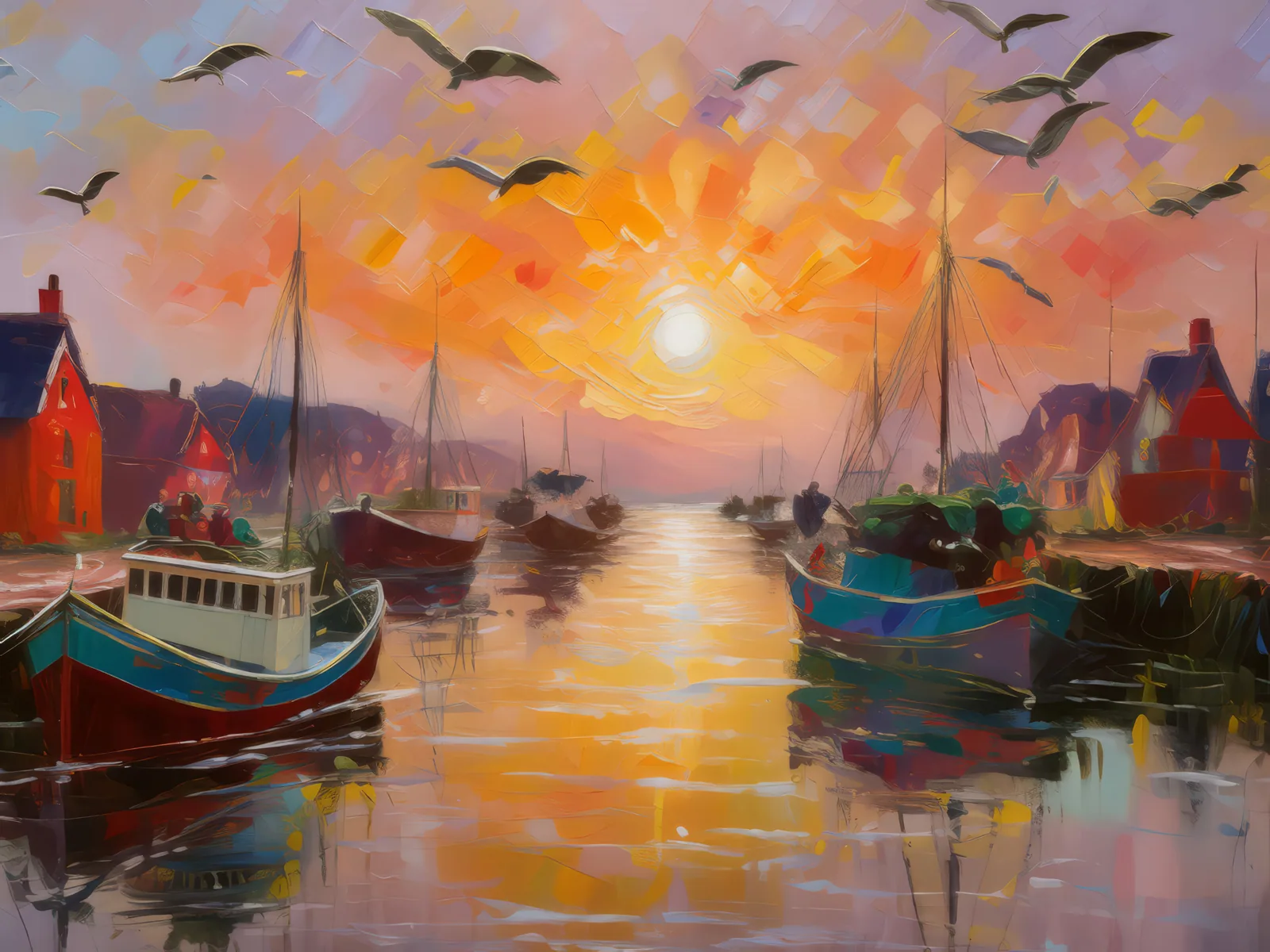 Busy Harbor at Sunrise, a palette-knife oil landscape by Emma Mickelberg