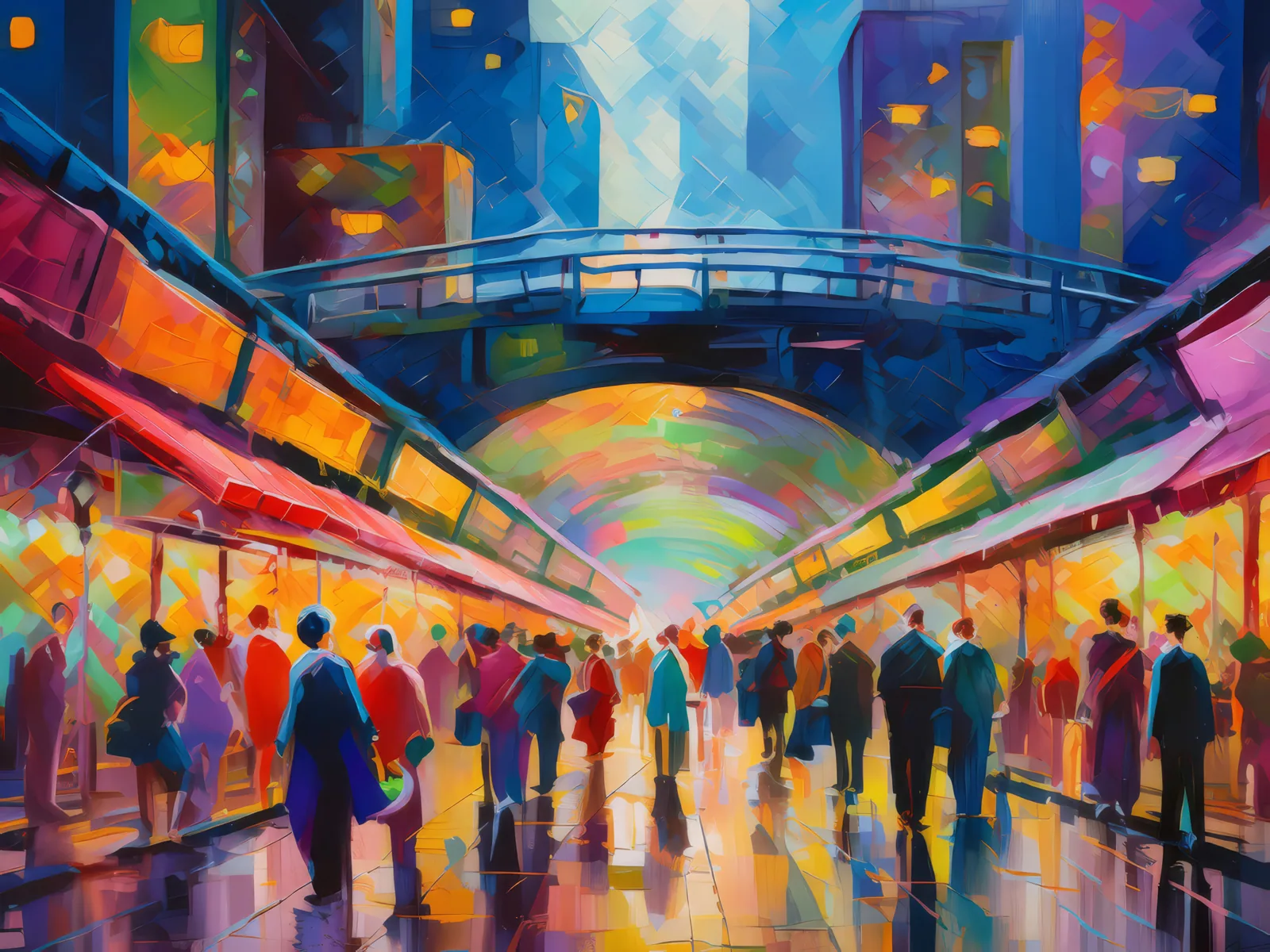 Busy Metropolitan Subway Entrance, a palette-knife oil landscape by Emma Mickelberg