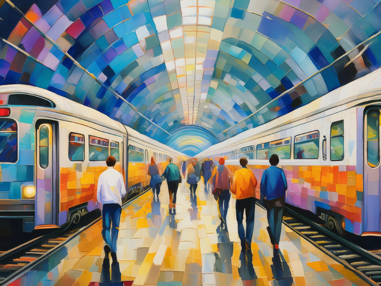 Busy Metropolitan Subway, a palette-knife oil landscape by Emma Mickelberg