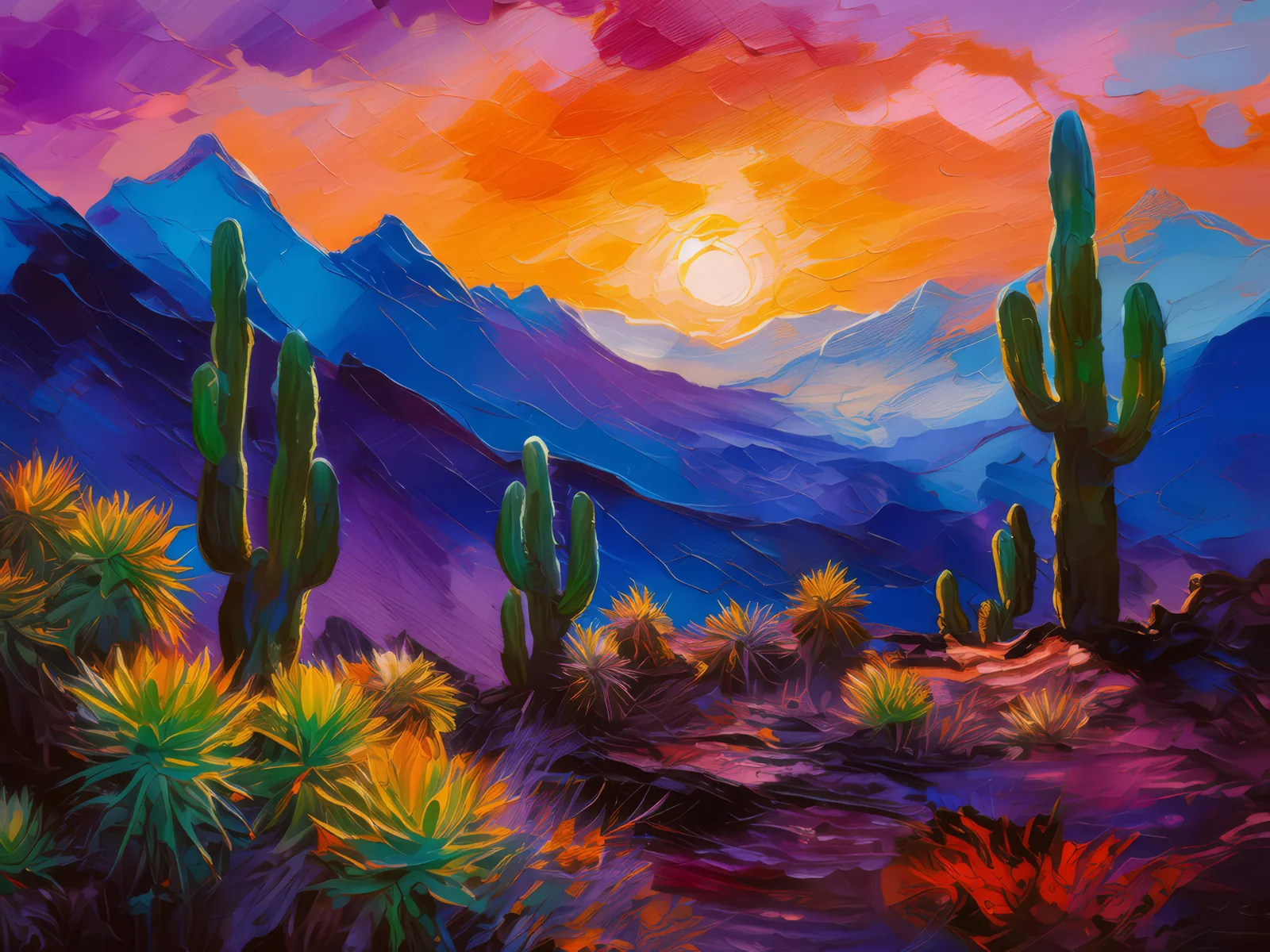 Cacti Silhouettes at Dusk, a palette-knife oil landscape by Emma Mickelberg
