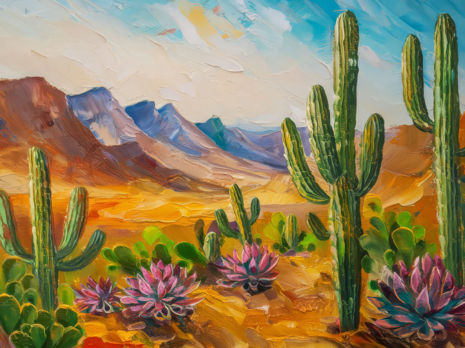 Cactus and Mountains, a palette-knife oil landscape by Emma Mickelberg