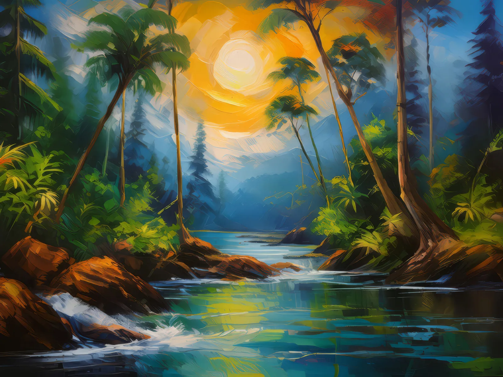 Call of the Wild in Boreal Jungle, a palette-knife oil landscape by Emma Mickelberg