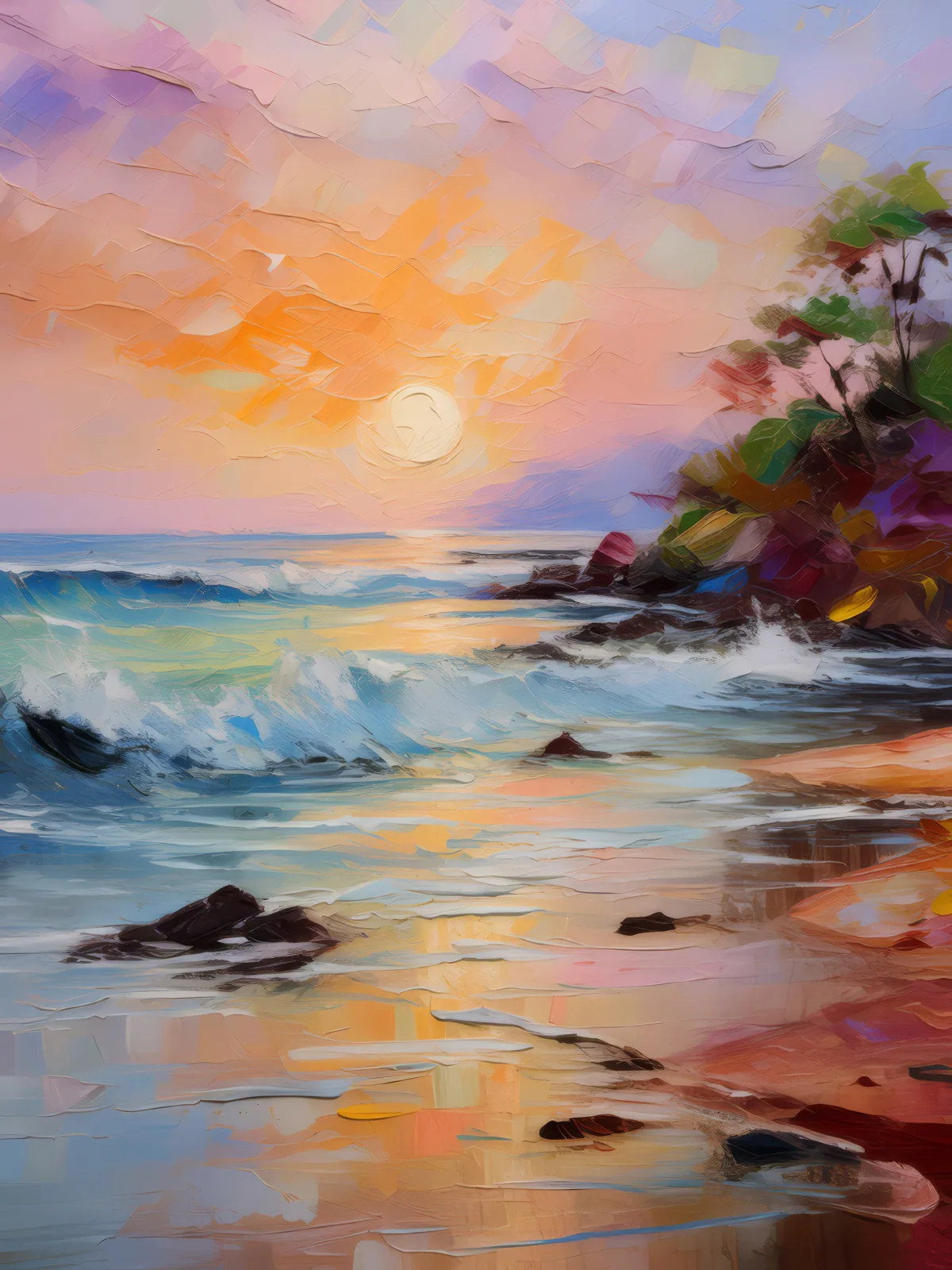 Calm Beach Sunrise, a palette-knife oil landscape by Emma Mickelberg
