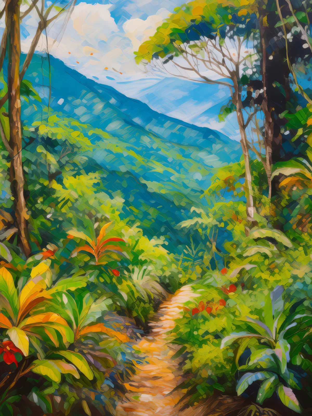 Canopy Over Mountain Trail, a palette-knife oil landscape by Emma Mickelberg
