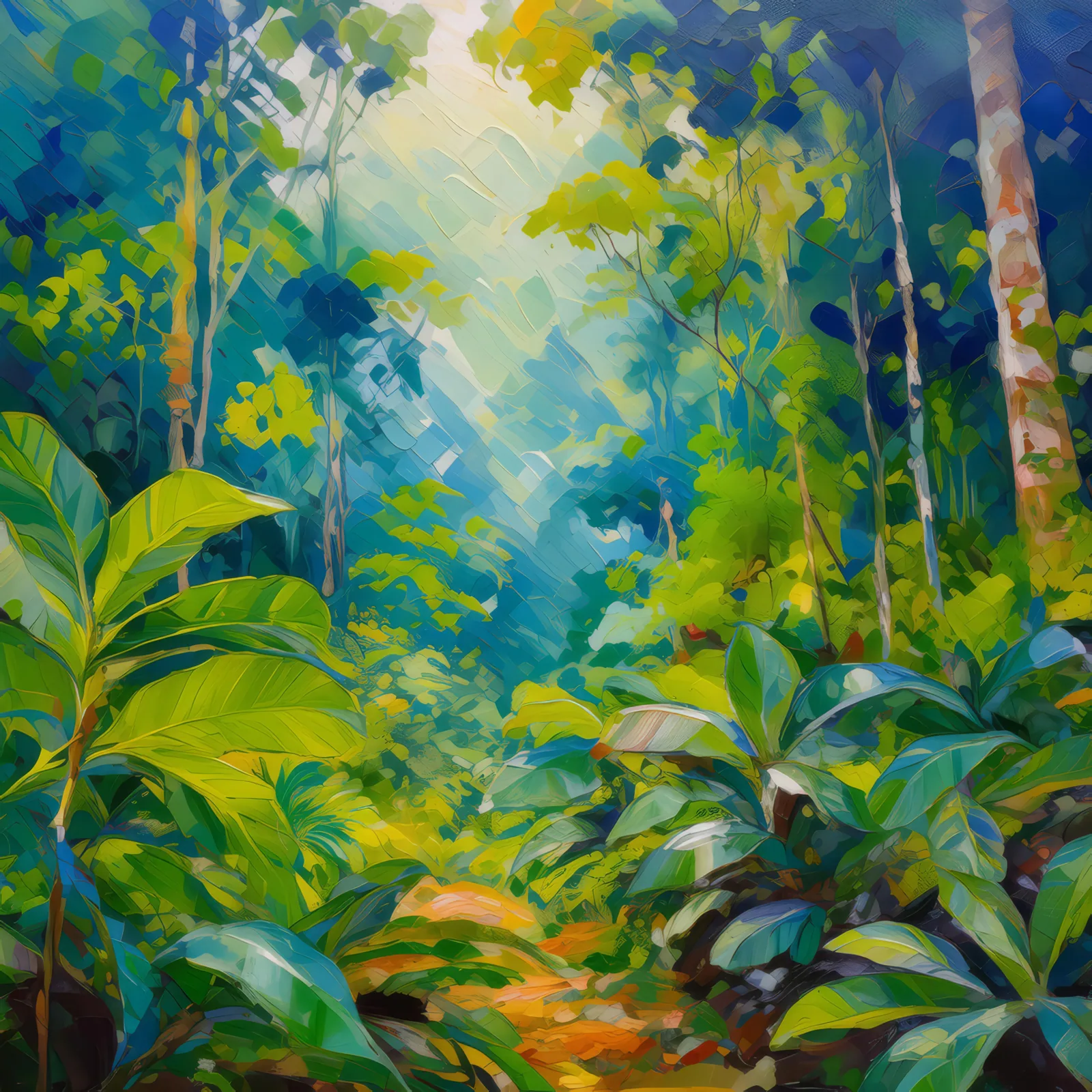 Canopy Secrets of the Boreal, a palette-knife oil landscape by Emma Mickelberg