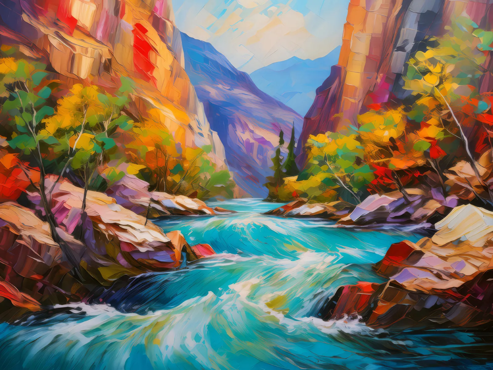 Canyon River Rapids, a palette-knife oil landscape by Emma Mickelberg