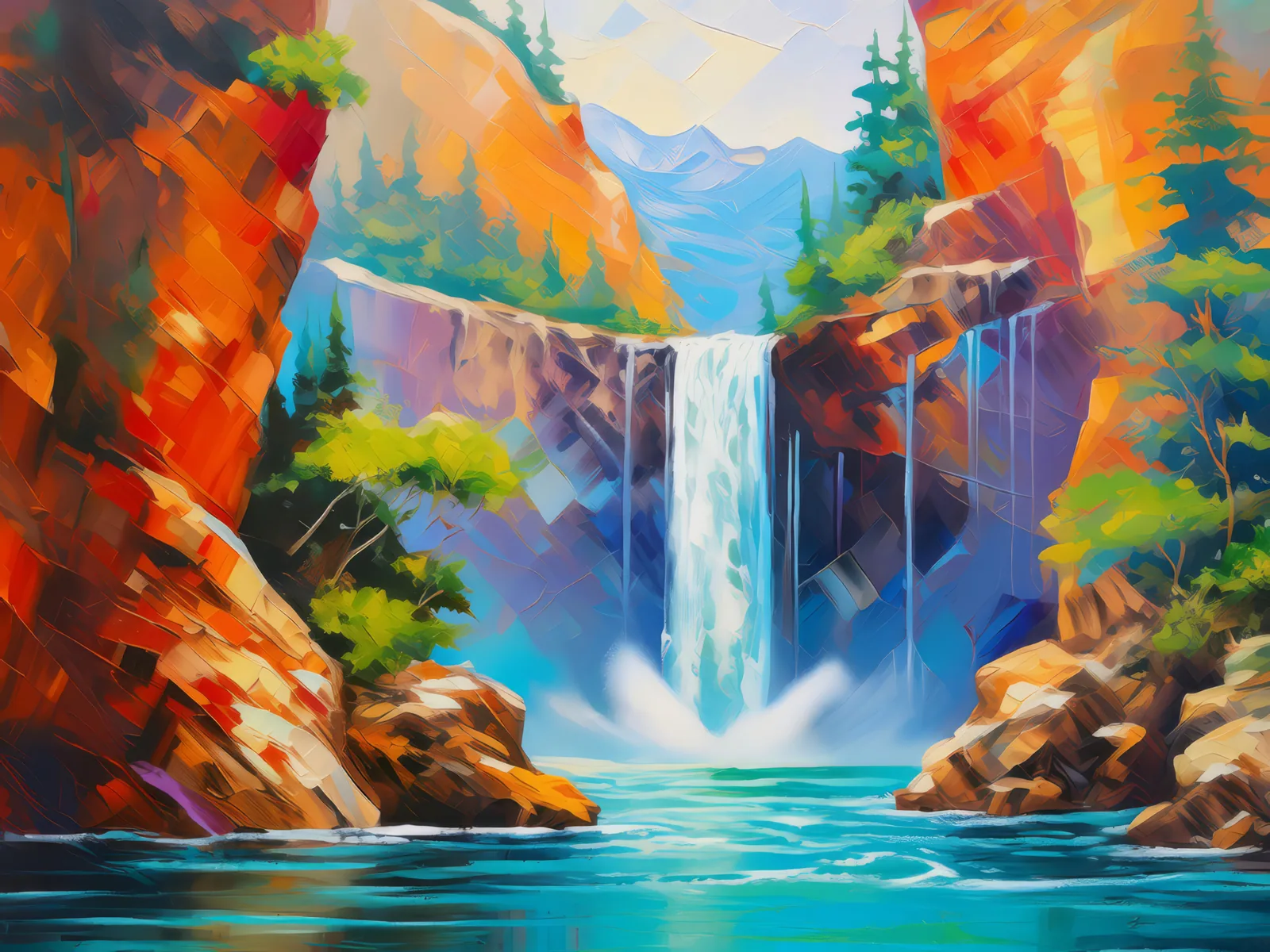 Canyon Waterfall Adventure, a palette-knife oil landscape by Emma Mickelberg