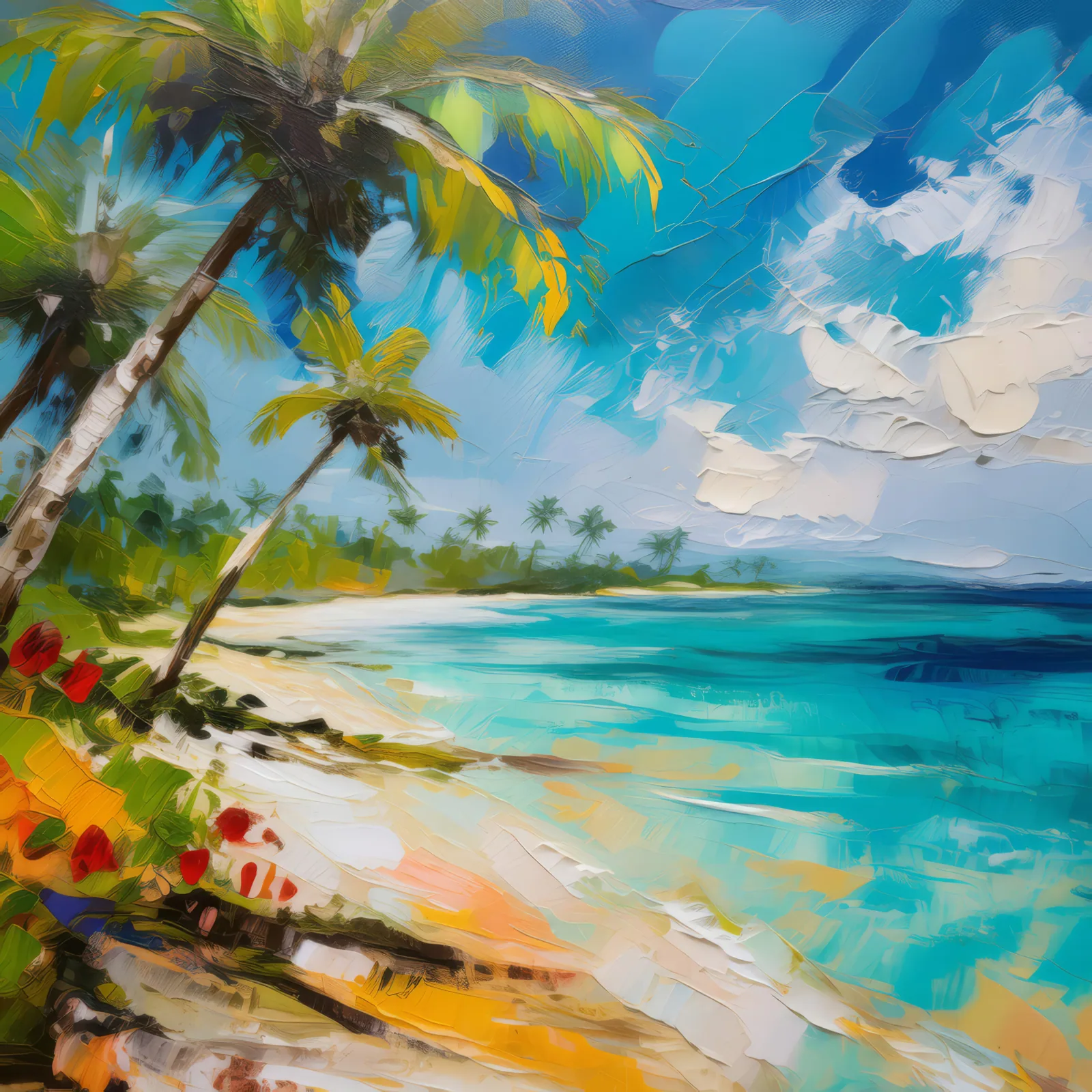 Caribbean Beach Paradise, a palette-knife oil landscape by Emma Mickelberg