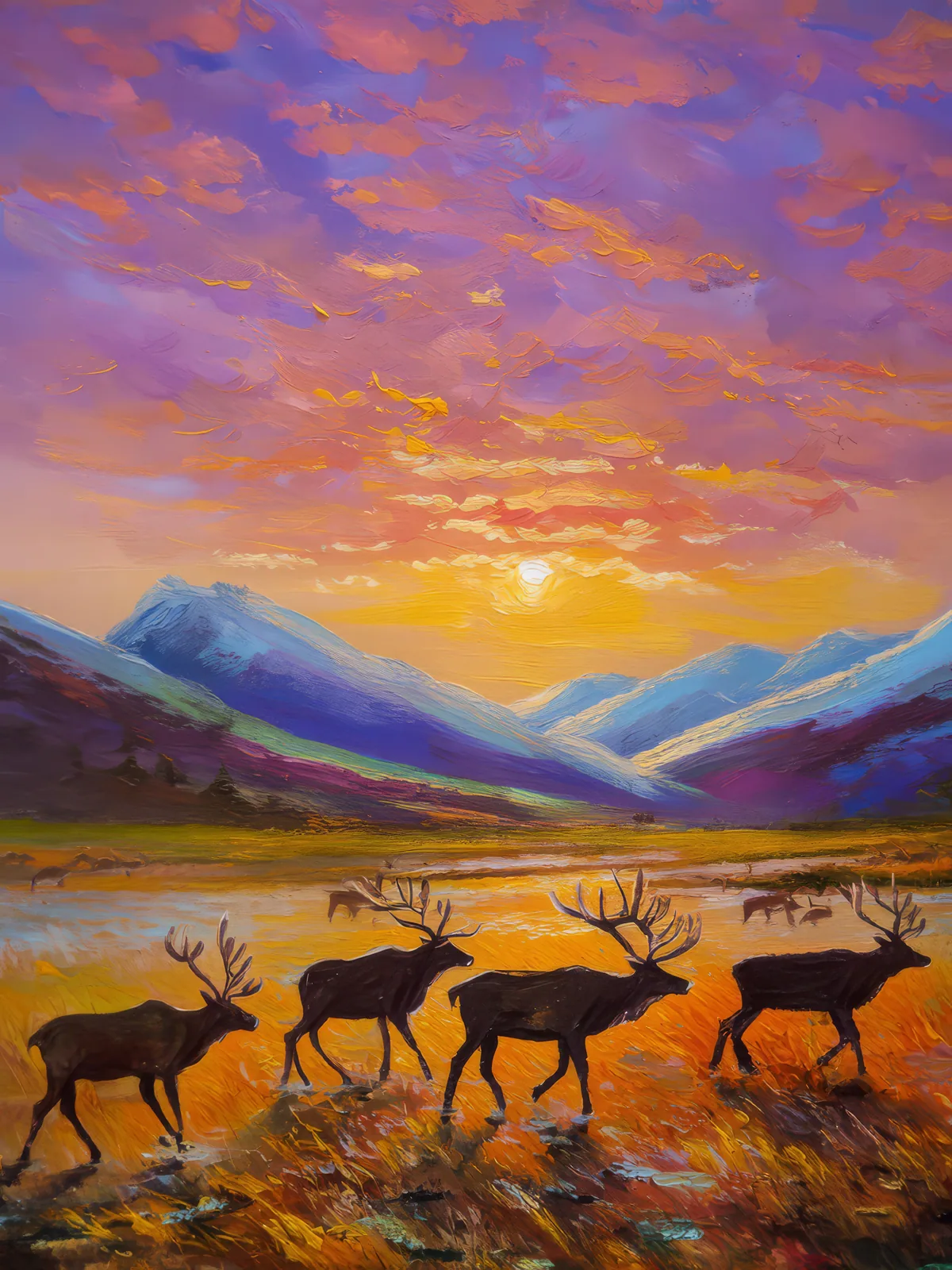 Caribou Herd at Dusk, a palette-knife oil landscape by Emma Mickelberg