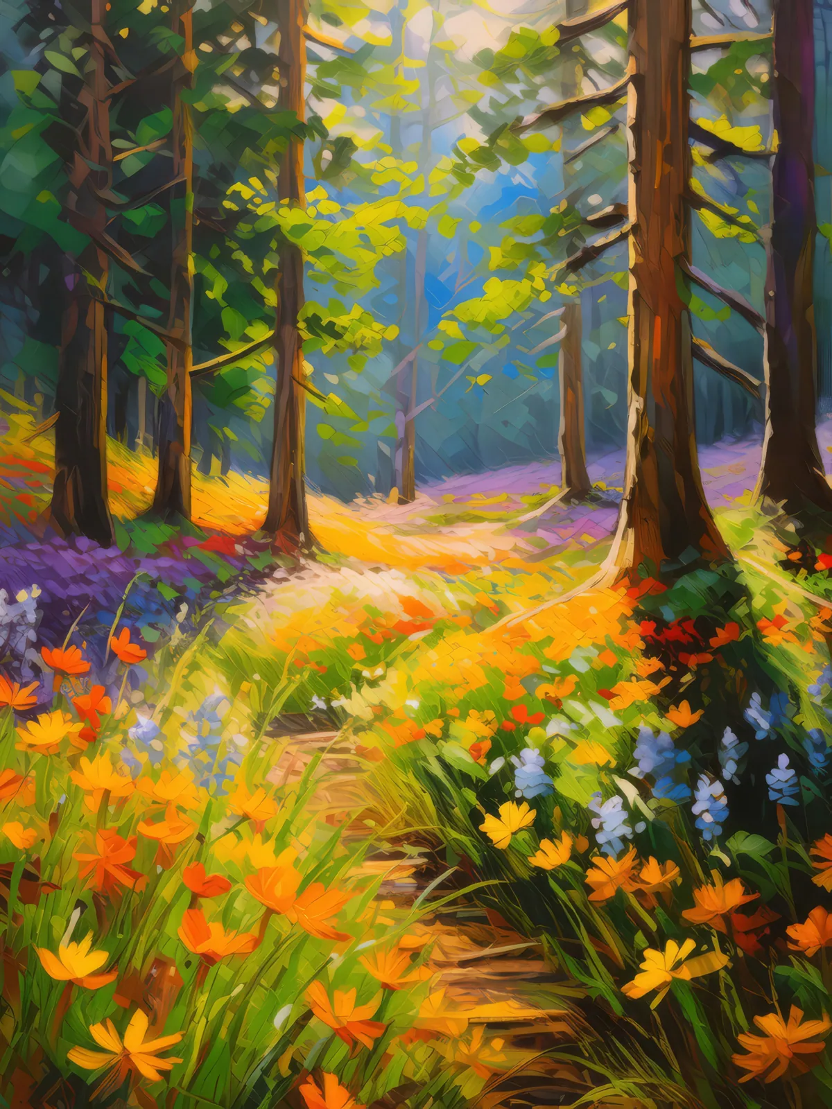 Carpet of Forest Flowers, a palette-knife oil landscape by Emma Mickelberg