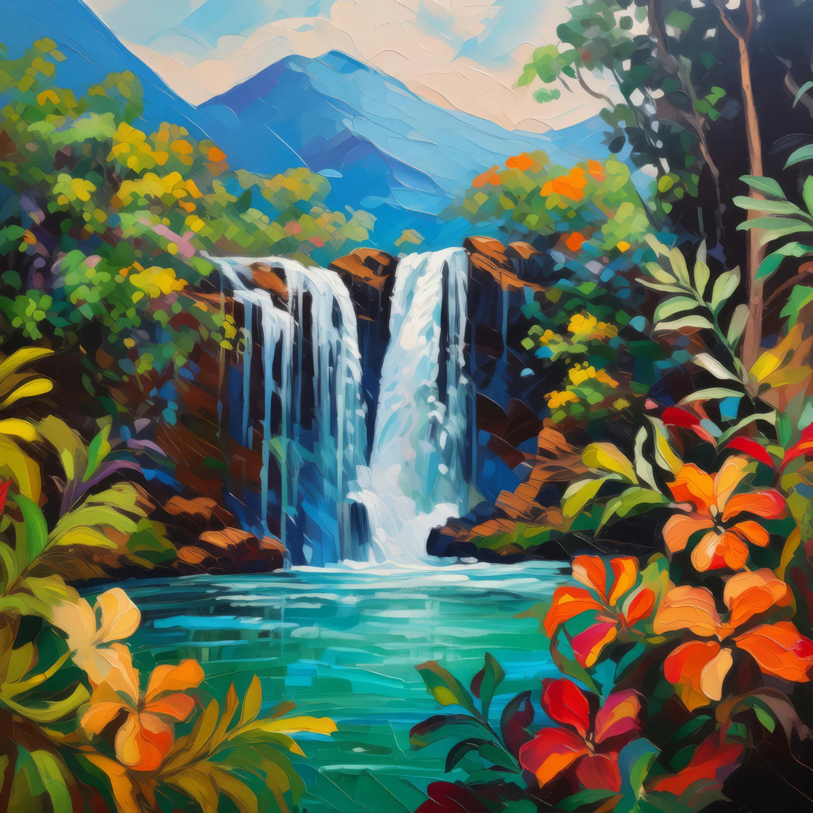 Cascading Falls in the Tropics, a palette-knife oil landscape by Emma Mickelberg