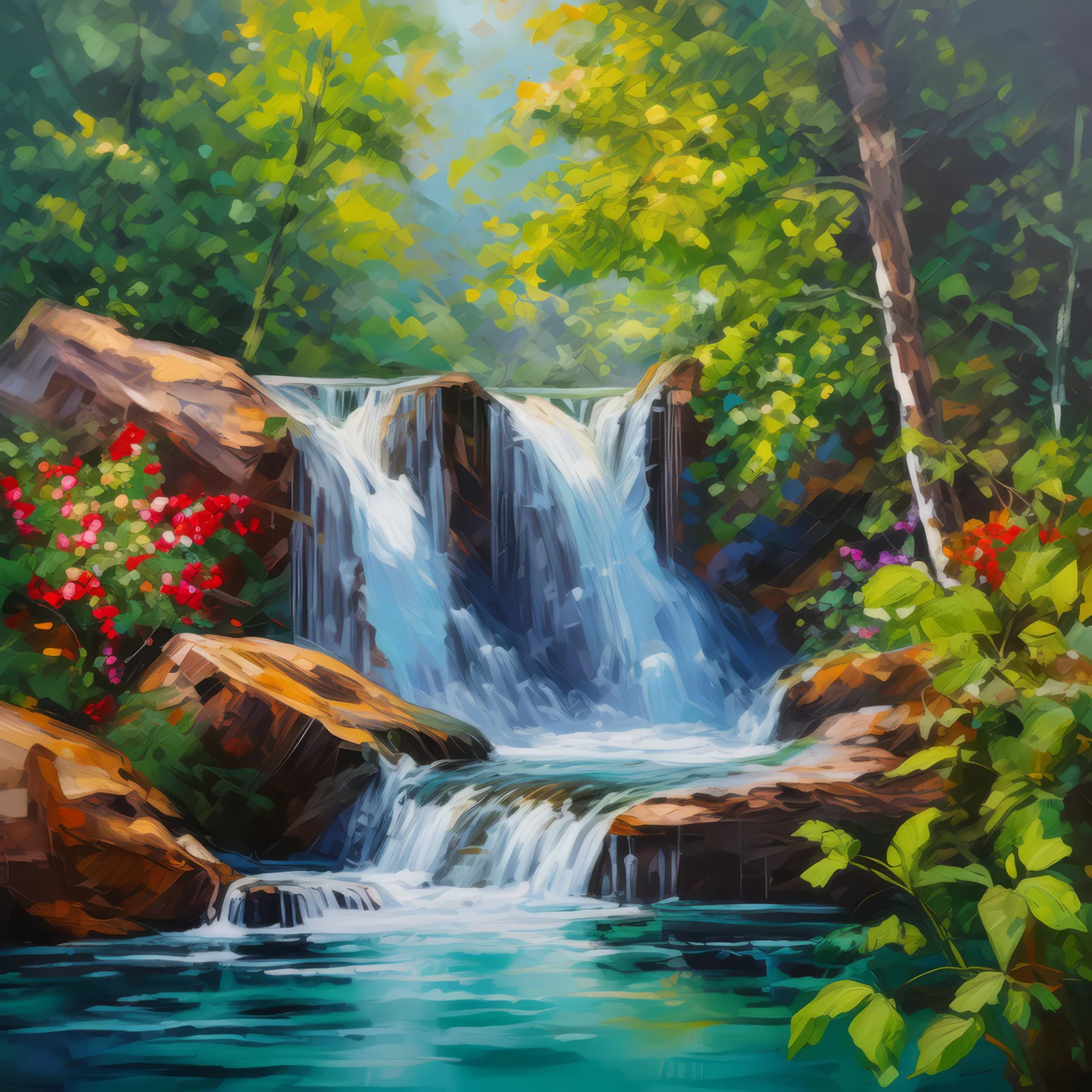 Cascading Forest Waterfall, a palette-knife oil landscape by Emma Mickelberg