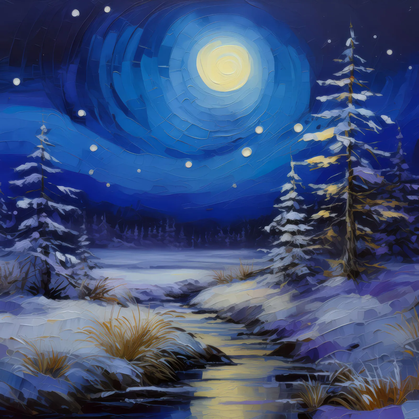 Chilly Boreal Desert Night, a palette-knife oil landscape by Emma Mickelberg