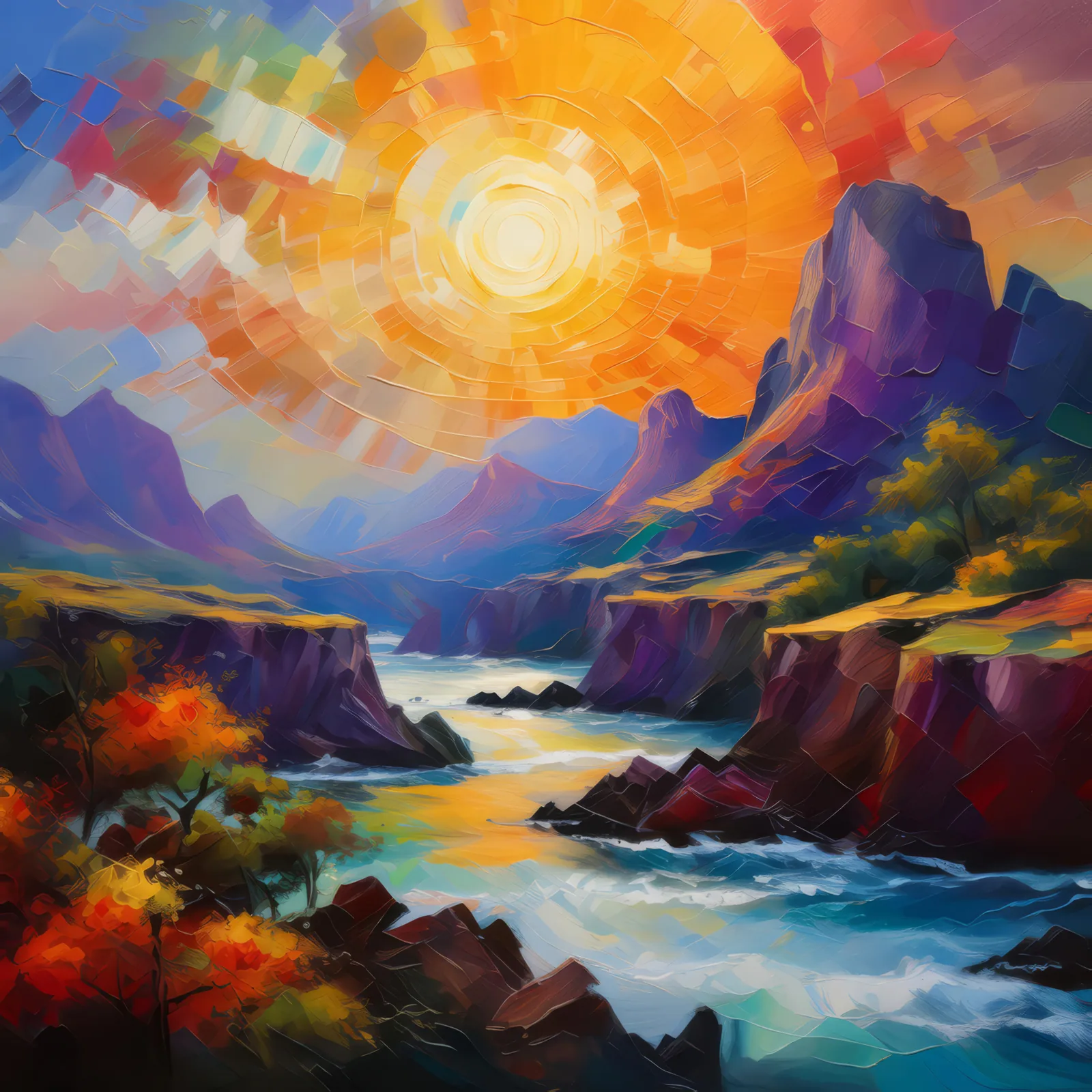 Chromatic Crescendo on Craggy Stage, a palette-knife oil landscape by Emma Mickelberg
