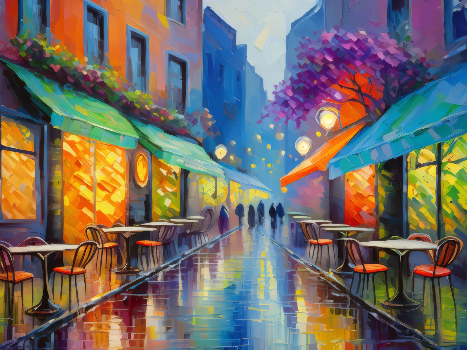City Alley After Rain, a palette-knife oil landscape by Emma Mickelberg