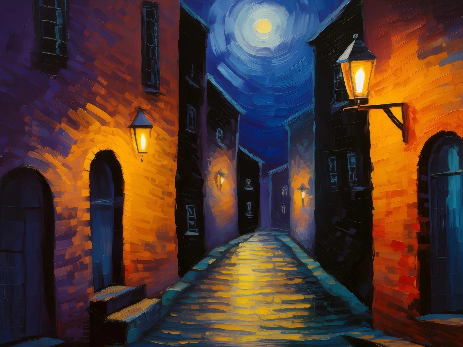 City Alley at Midnight, a palette-knife oil landscape by Emma Mickelberg