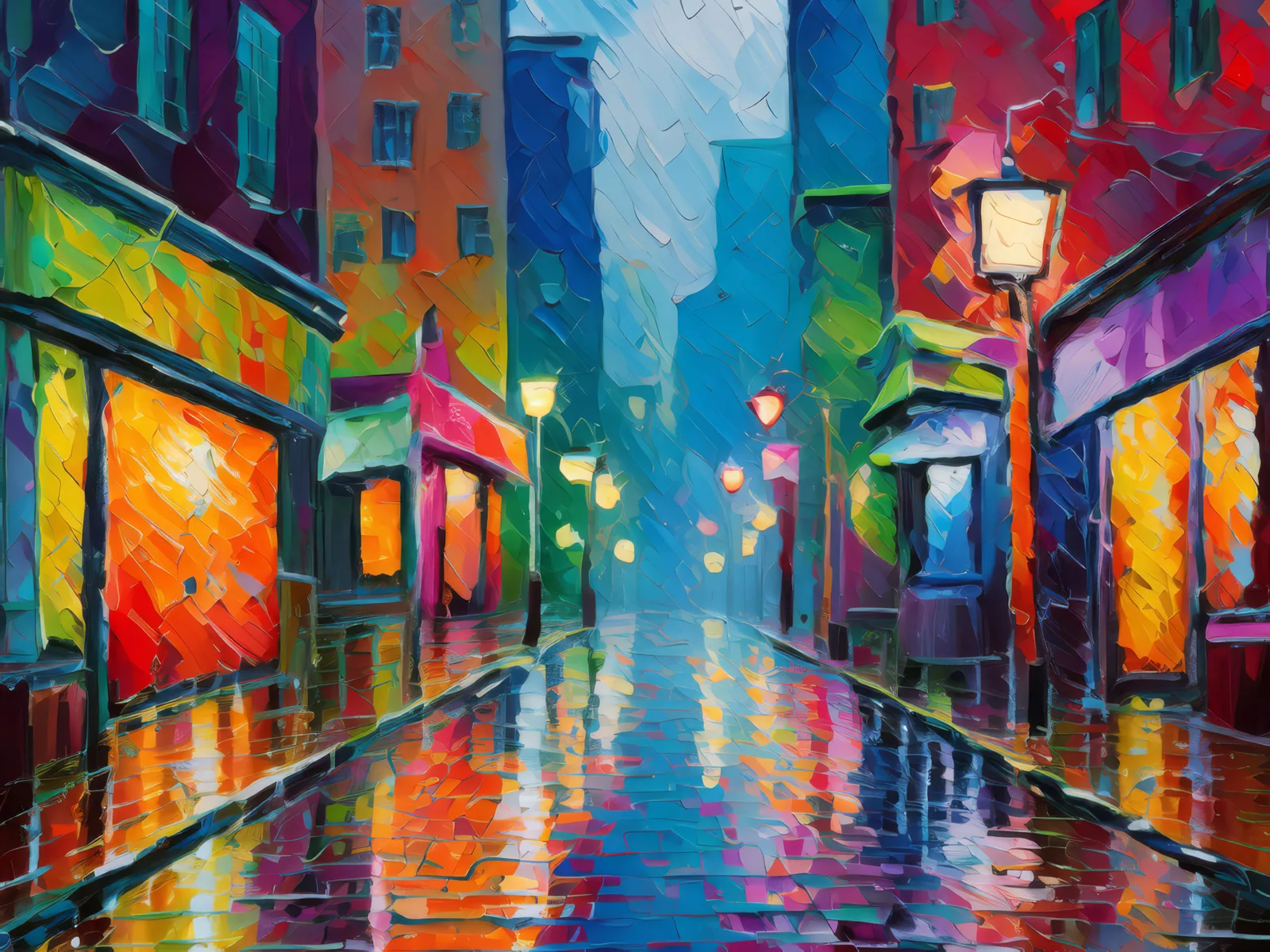 City Alley in Rain, a palette-knife oil landscape by Emma Mickelberg