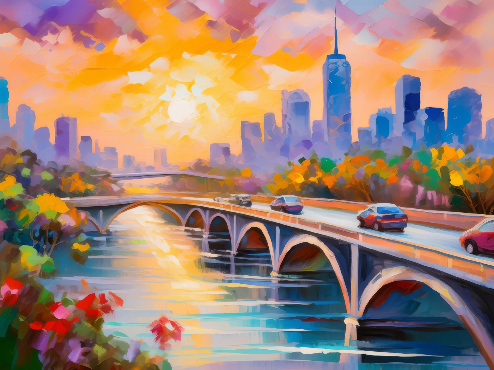 City Bridge at Sunset, a palette-knife oil landscape by Emma Mickelberg