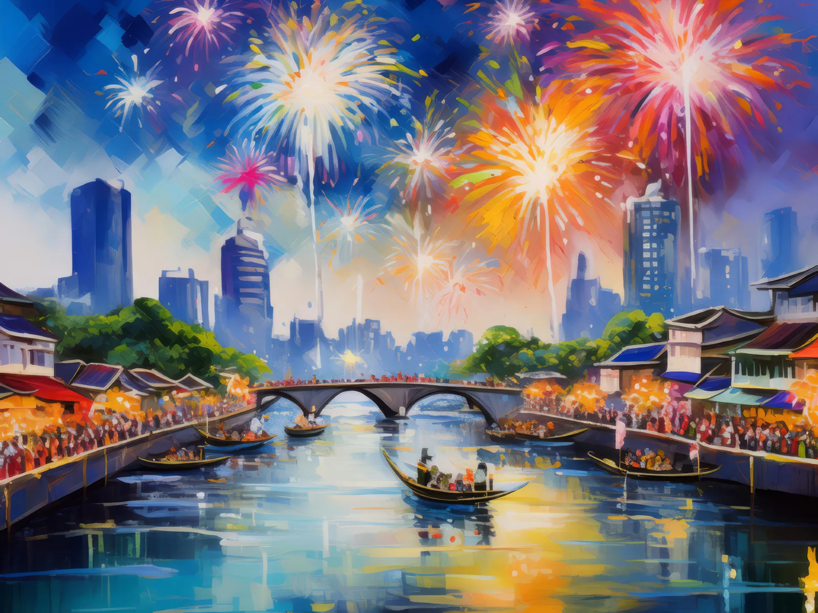City Fireworks Festival, a palette-knife oil landscape by Emma Mickelberg