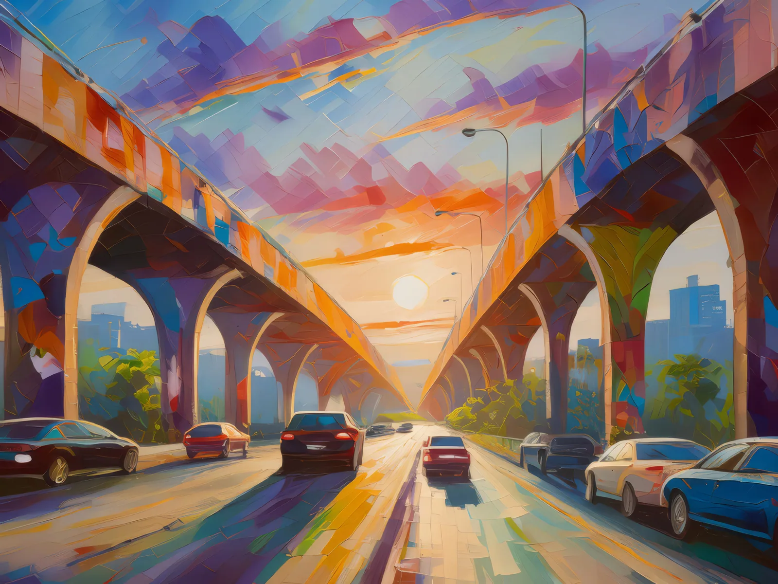 City Overpass at Dawn, a palette-knife oil landscape by Emma Mickelberg