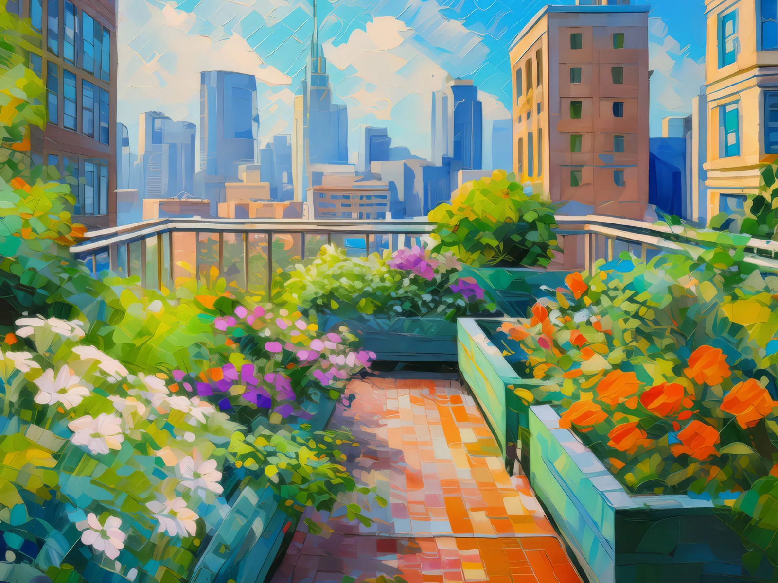 City Rooftop Garden, a palette-knife oil landscape by Emma Mickelberg