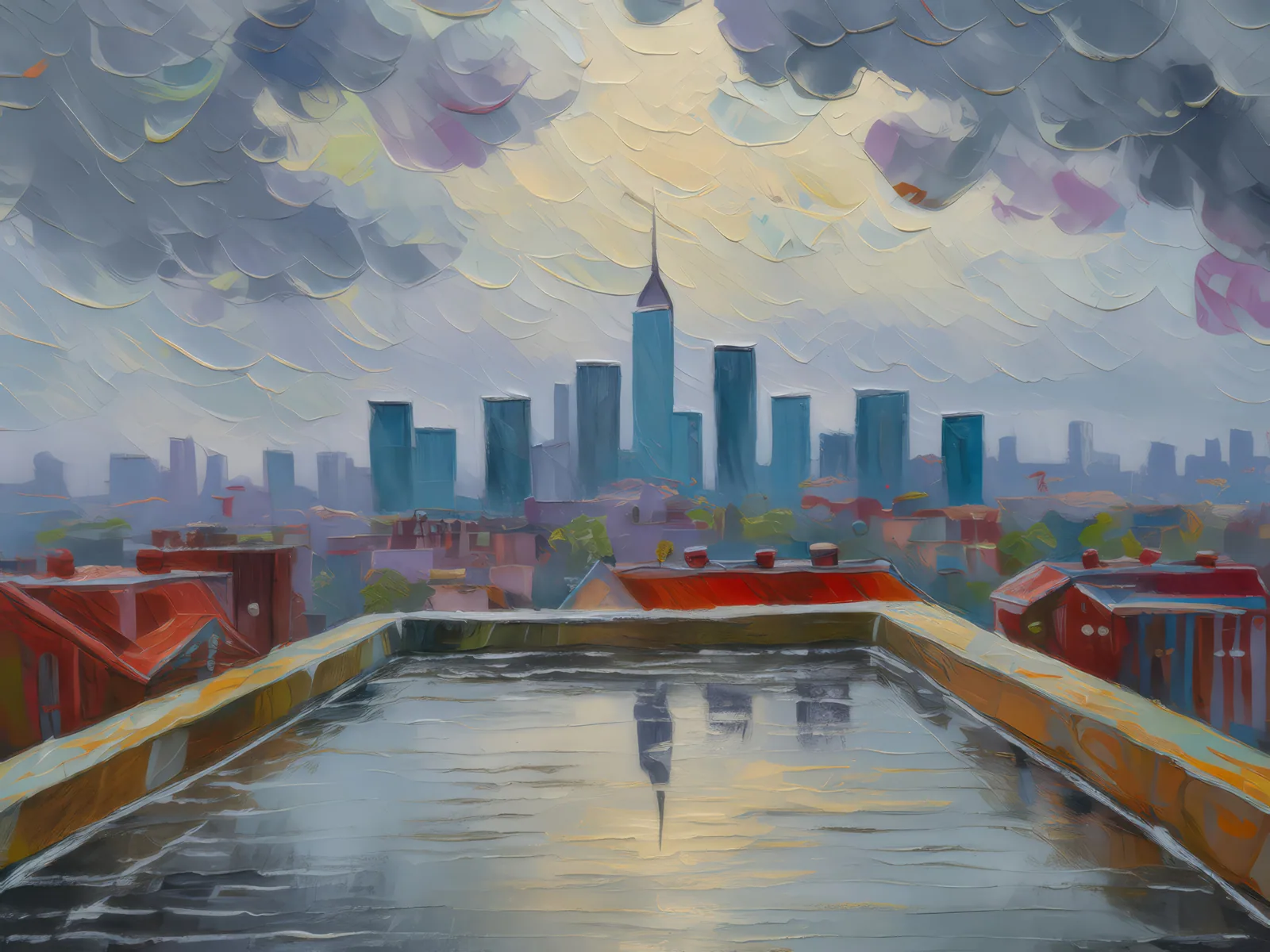 City Rooftop Rain, a palette-knife oil landscape by Emma Mickelberg