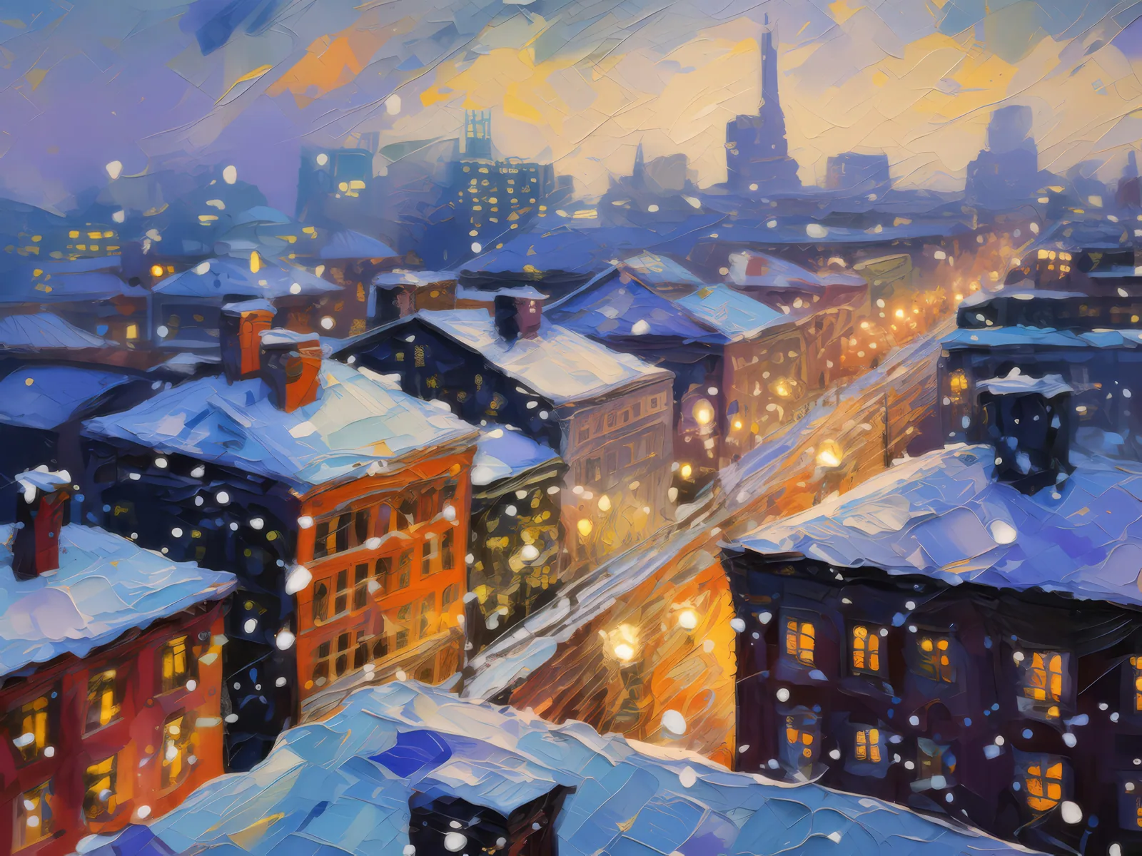 City Rooftop Snowfall, a palette-knife oil landscape by Emma Mickelberg