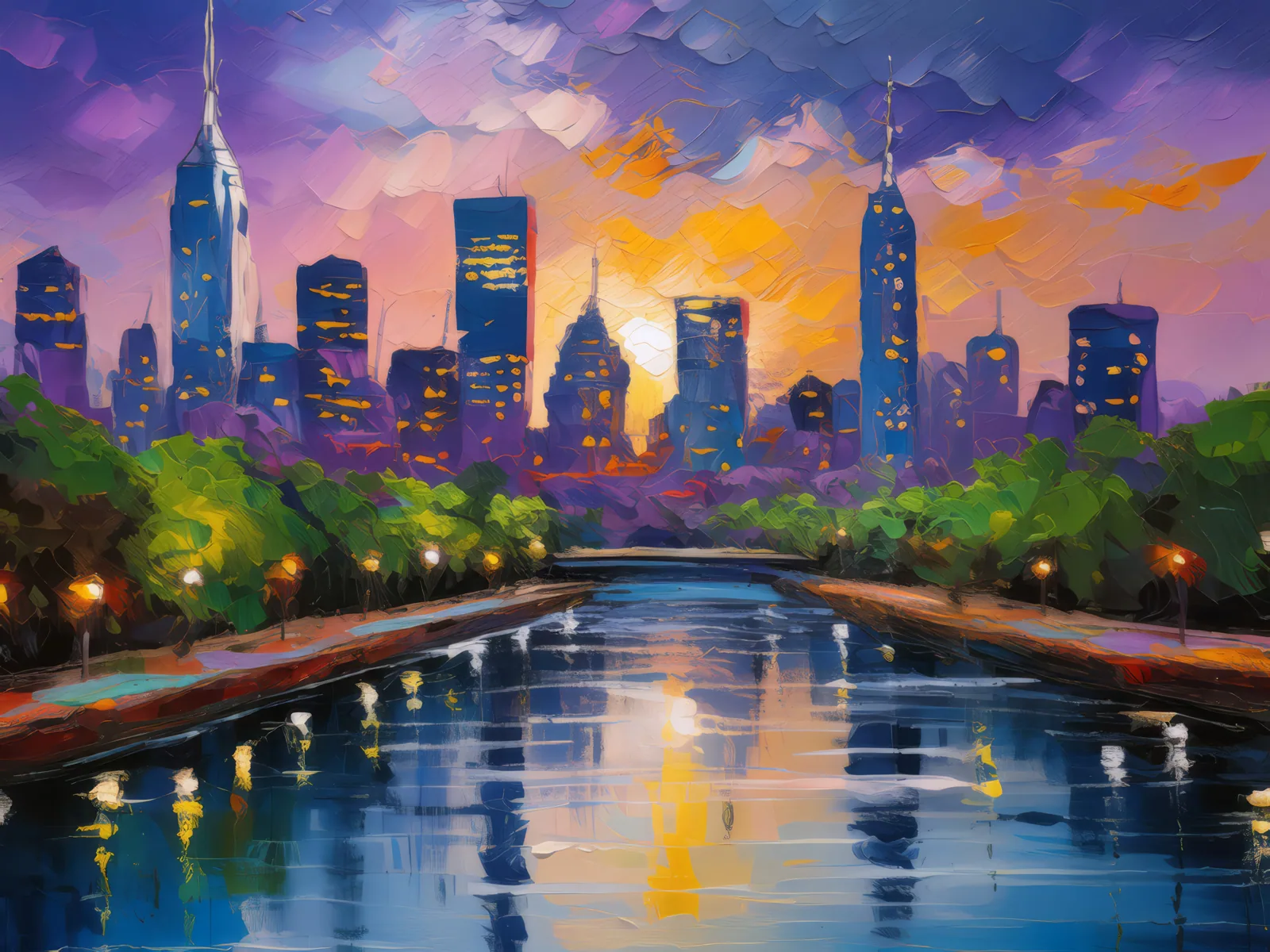 City Skyline at Twilight, a palette-knife oil landscape by Emma Mickelberg
