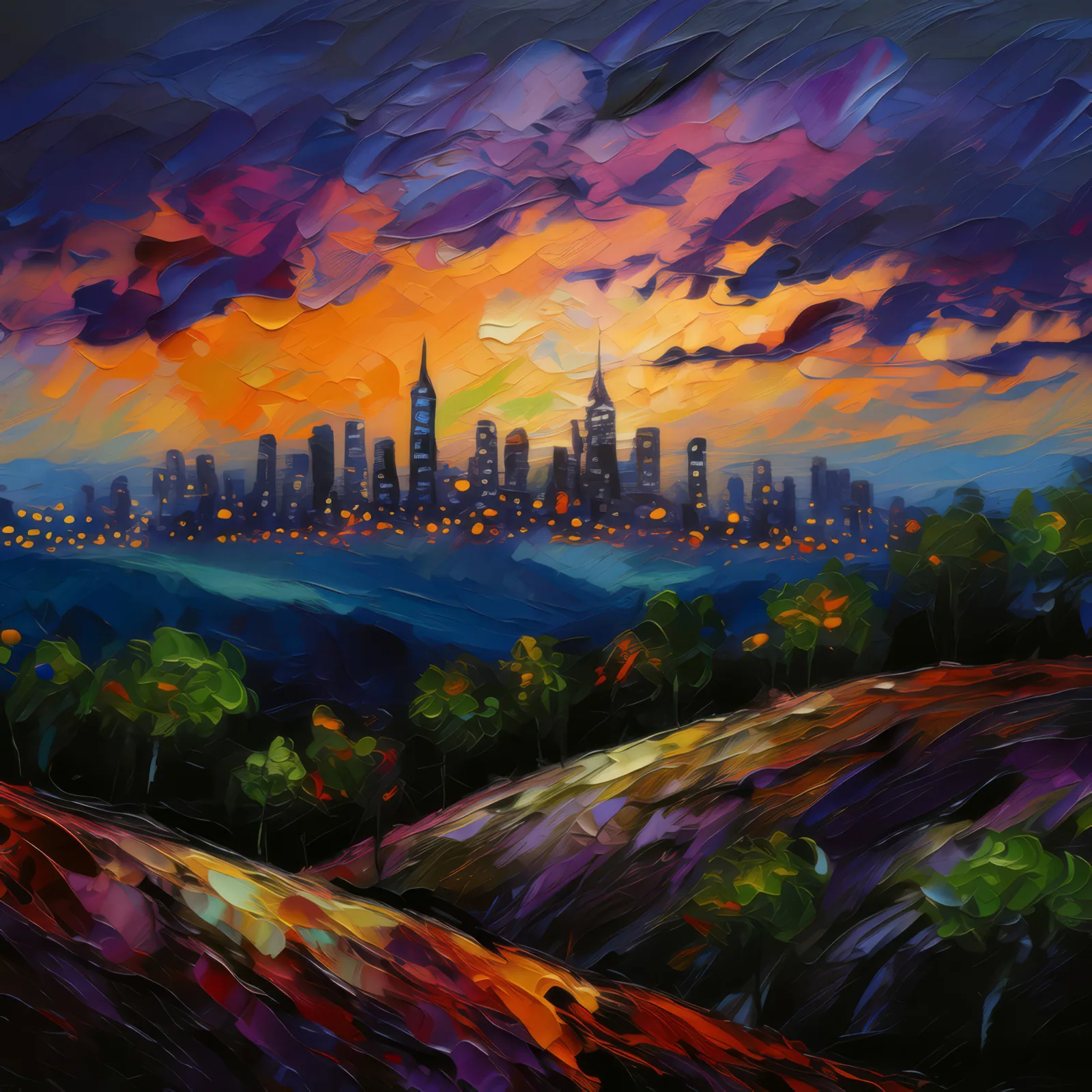 City Skyline from Hill, a palette-knife oil landscape by Emma Mickelberg