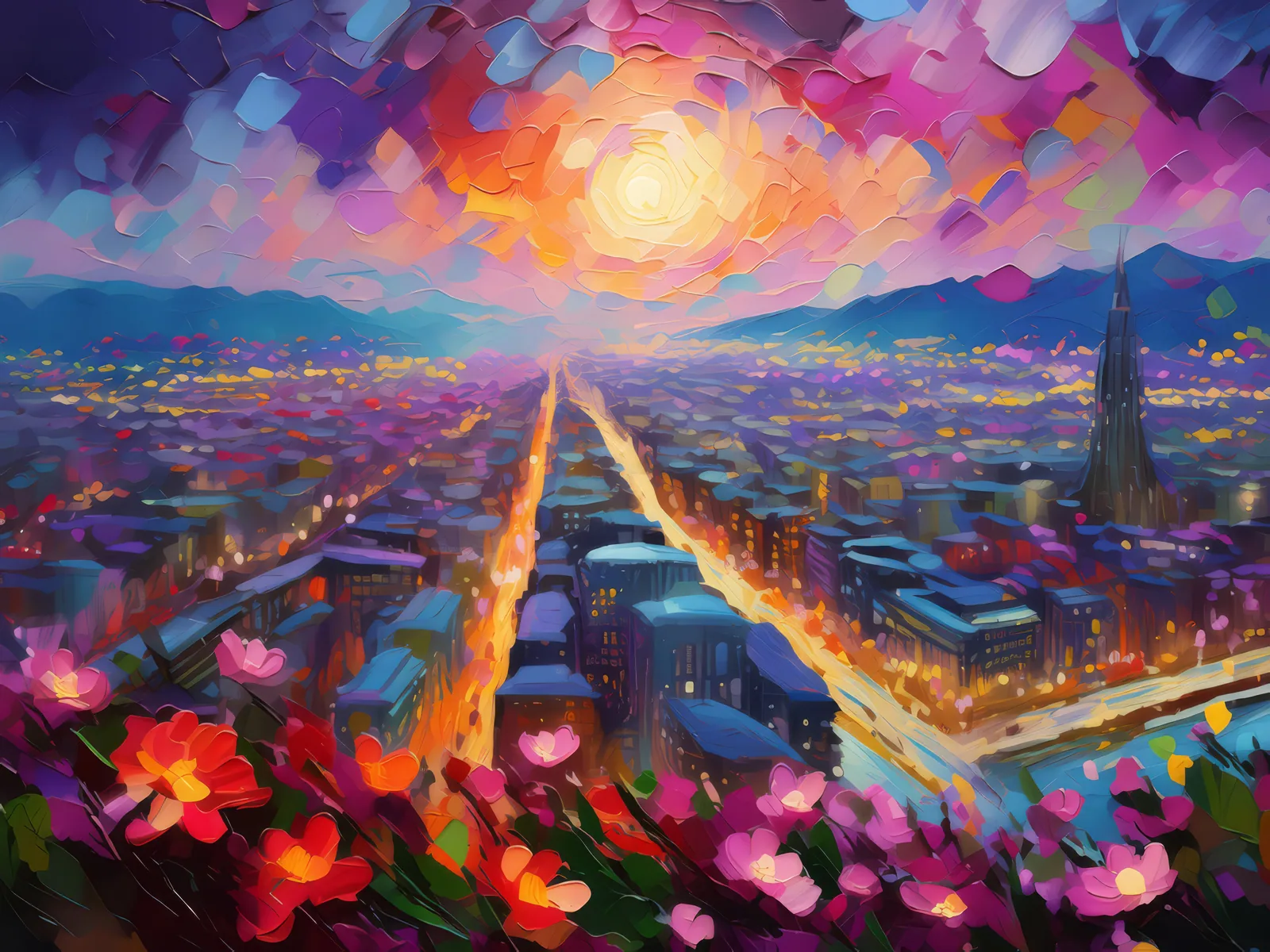 Cityscape from Above, a palette-knife oil landscape by Emma Mickelberg