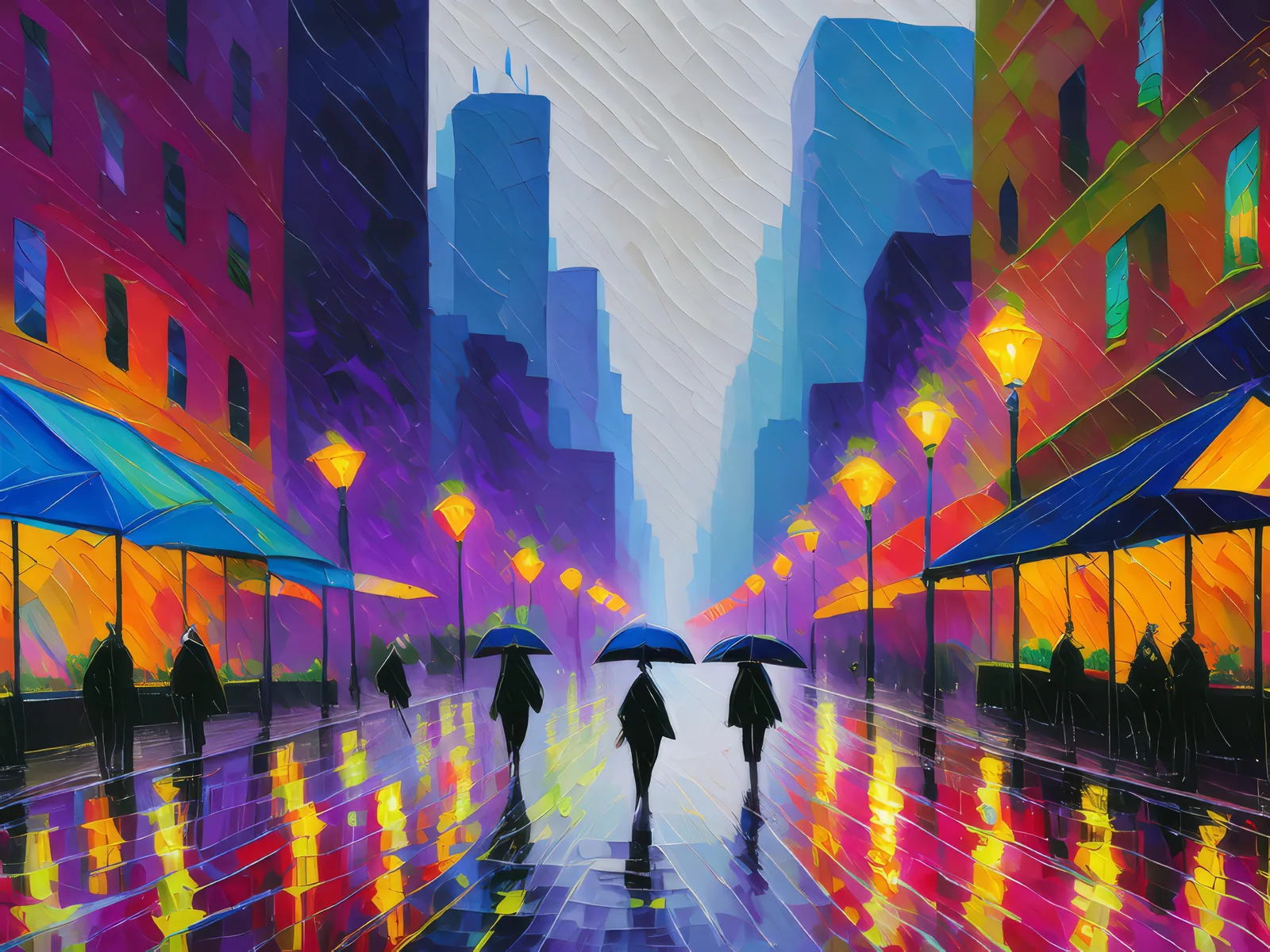 Cityscape Rain Reflection, a palette-knife oil landscape by Emma Mickelberg